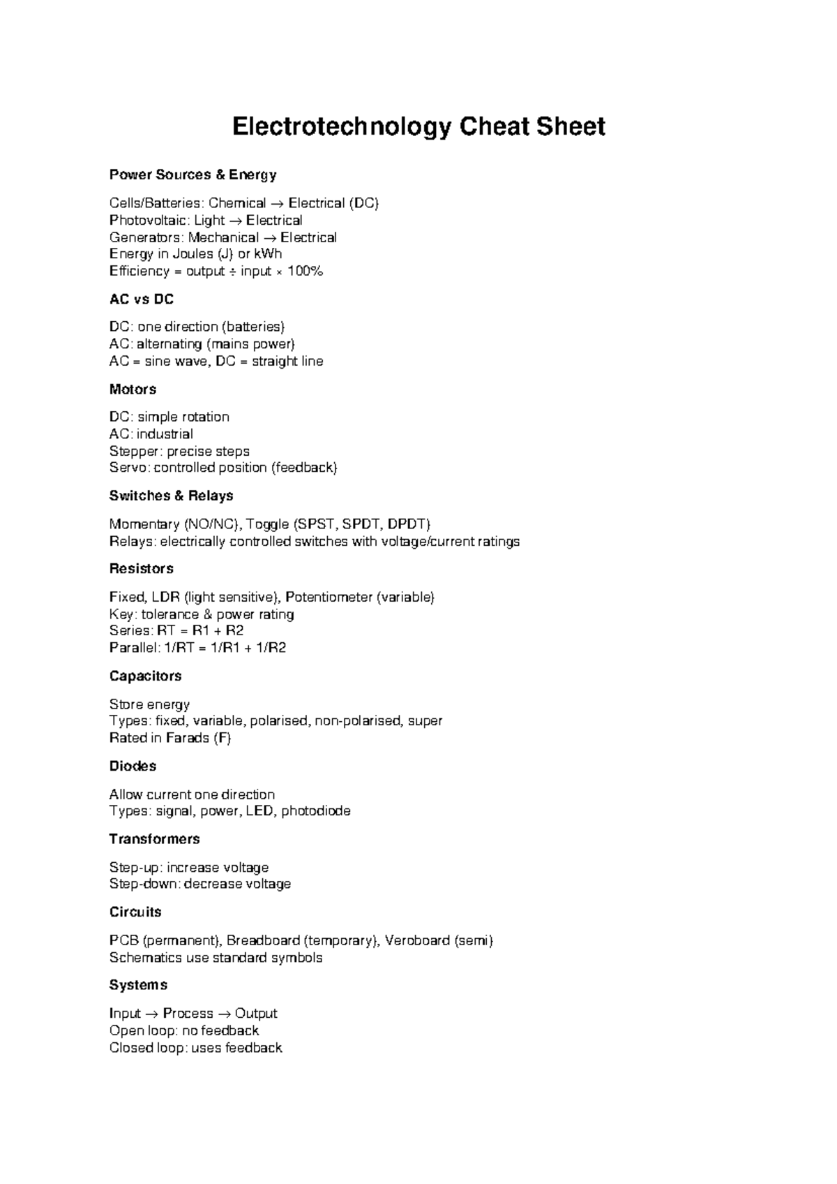 Electrotechnology Cheat Sheet: Power Sources & Energy Concepts - Studocu
