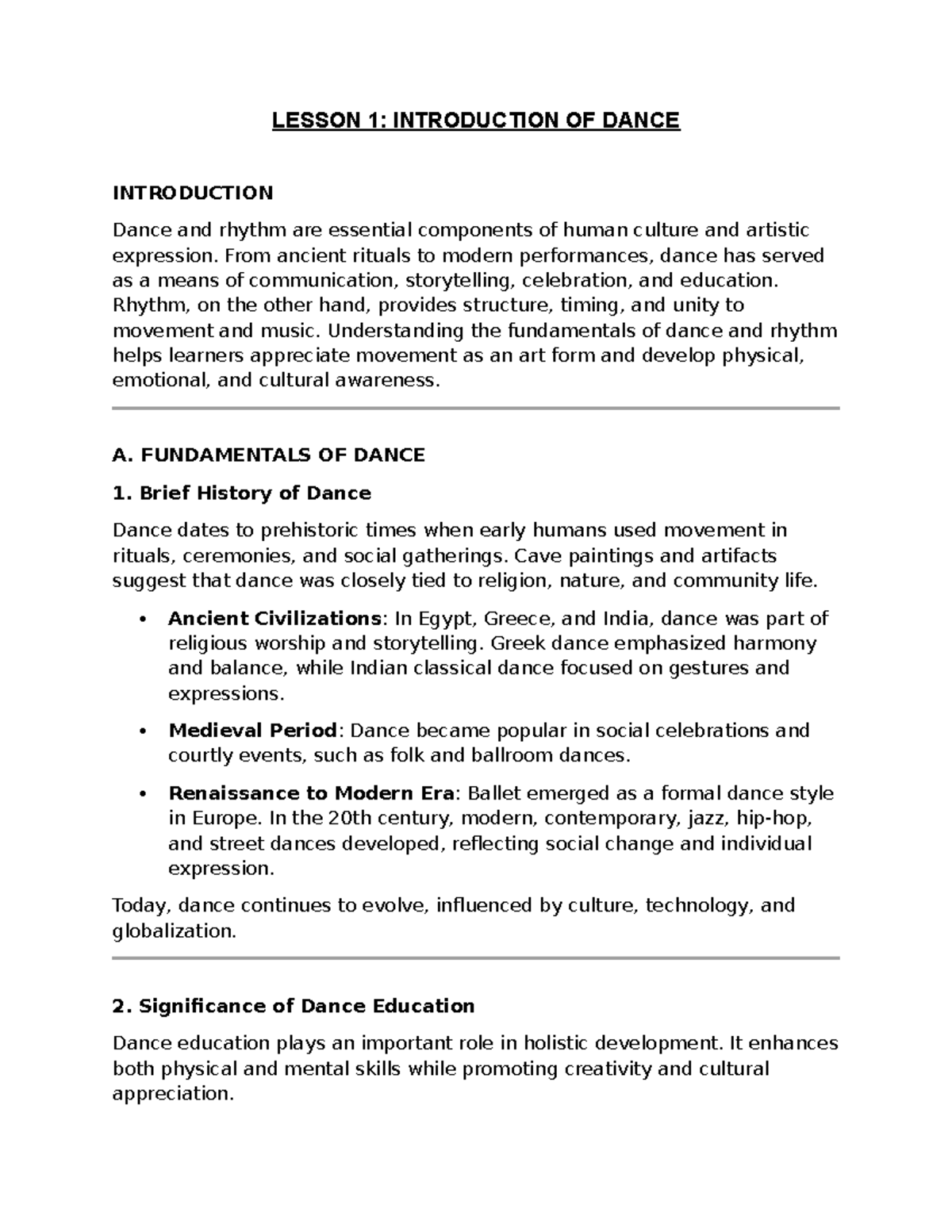 Pathfit 4: Lesson 1 - Introduction to Dance and Rhythm Notes - Studocu