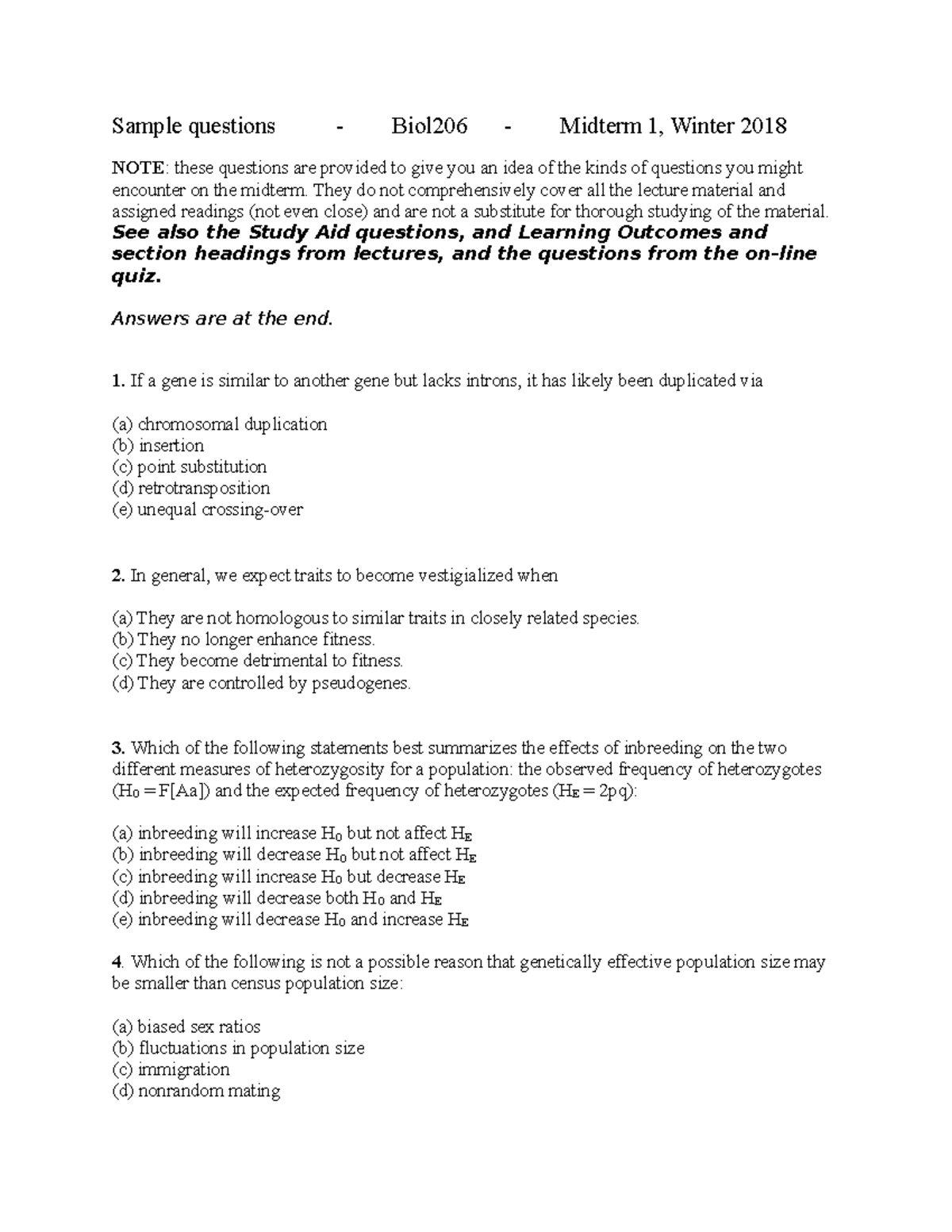 Biol206 - Midterm 1 Sample Questions & Study Guide, Winter 2018 - Studocu