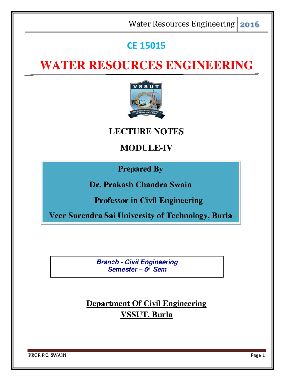 Water resources engineering 3 - PROF .P. SWAIN Lecture Note 1 Reservoir ...