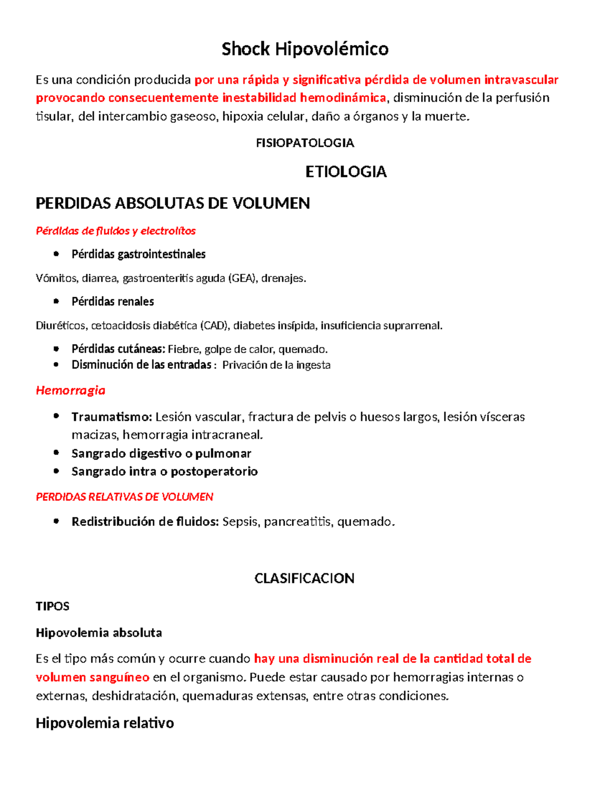 Shock Hipovolémico: Fisiopatología, Clasificación y Manejo Clínico ...