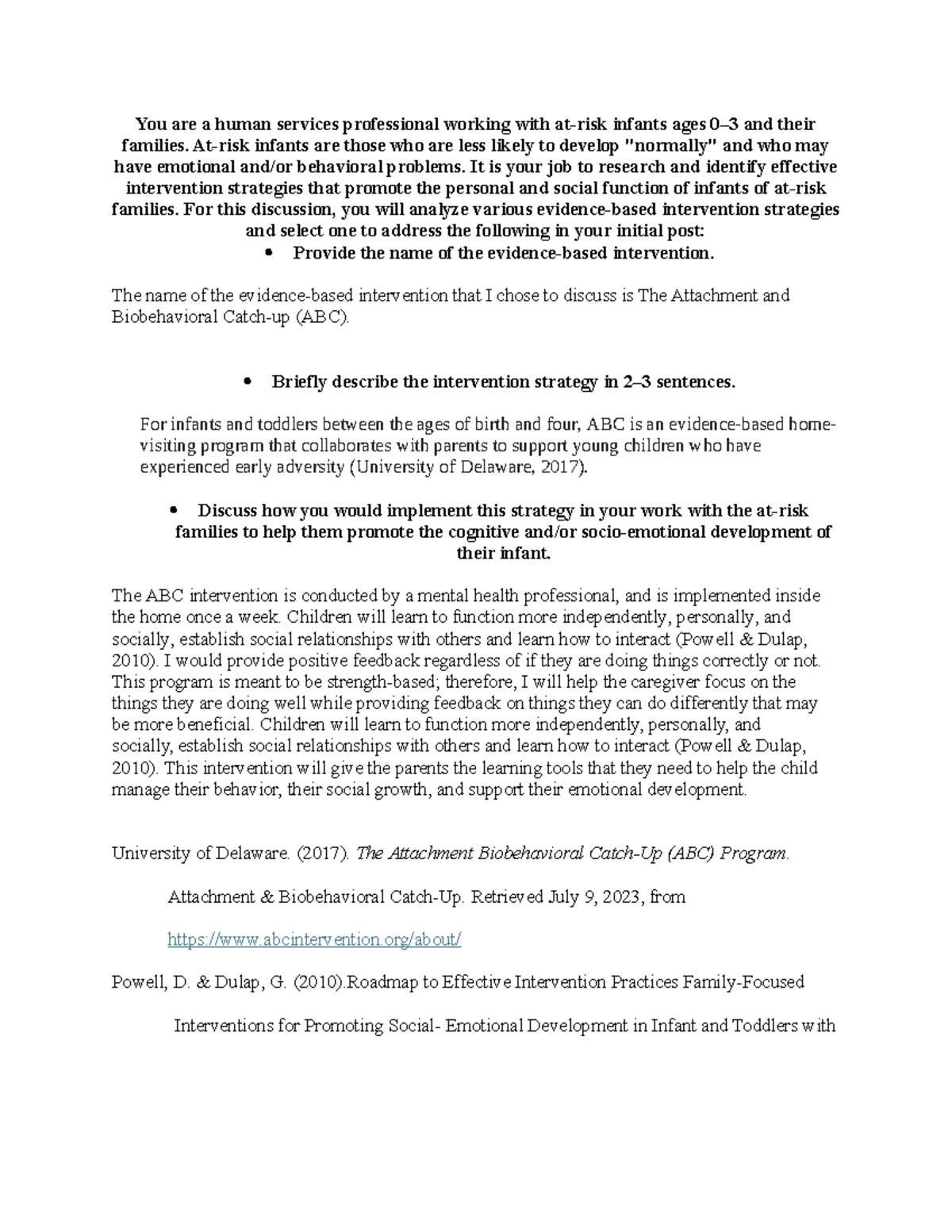 HSE 215 Discussion 3: Analyzing the ABC intervention for infants and ...