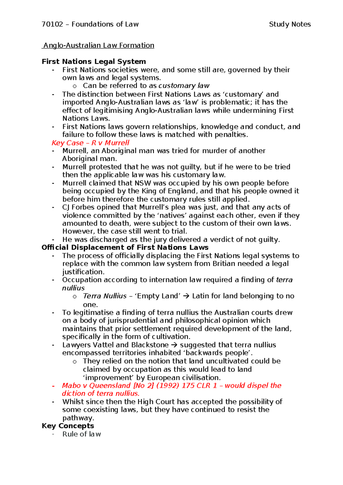 70102 Foundations of Law - First Nations Legal Systems Study Notes ...