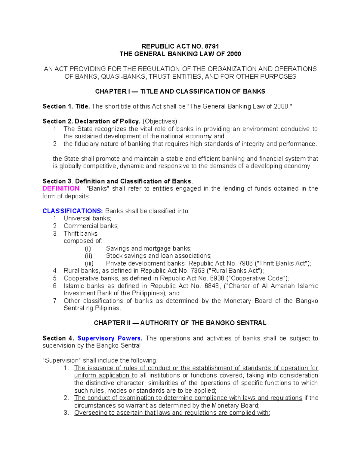 GBL RA8791 Comprehensive Overview of the General Banking Law - Studocu