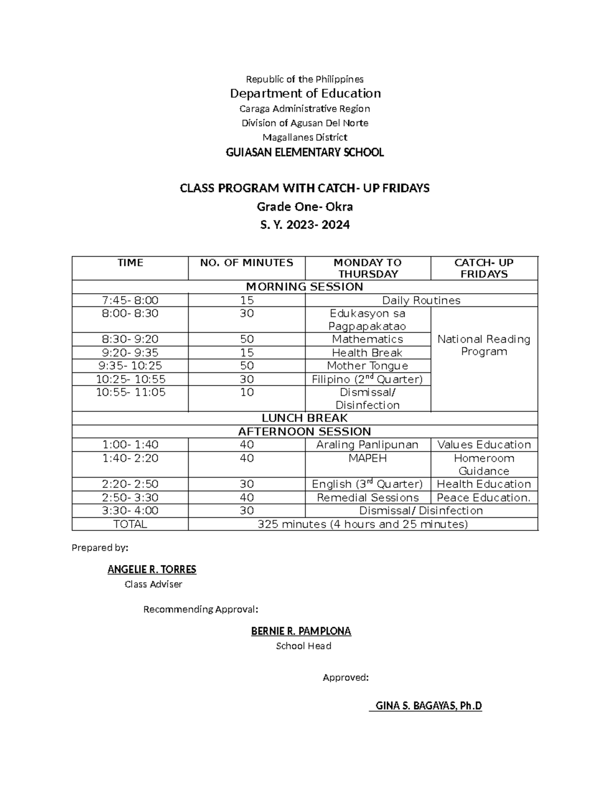 Grade 1 Catch-Up Class Program S.Y. 2023-2024 - Studocu