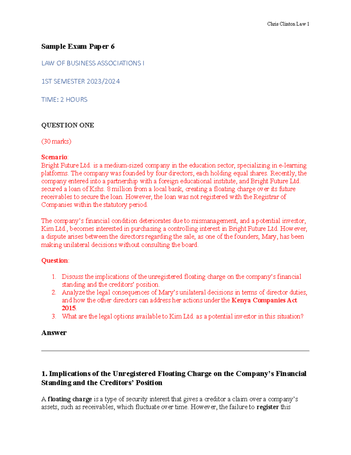 LBA 1ST SEMESTER 2023: Sample Exam Paper on Business Law Issues - Studocu