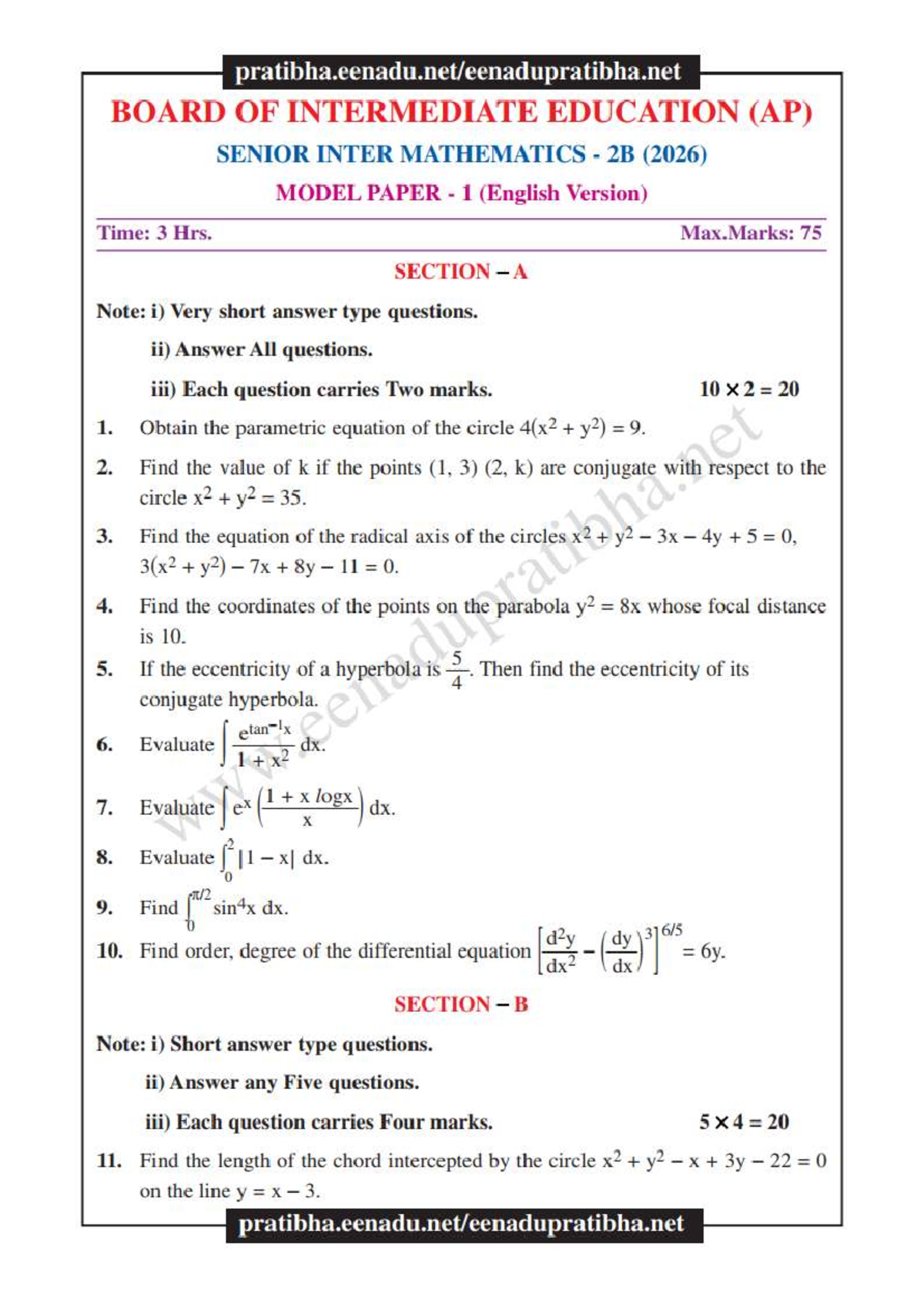Maths 2B - Important Questions for Senior Inter Model Paper - Studocu