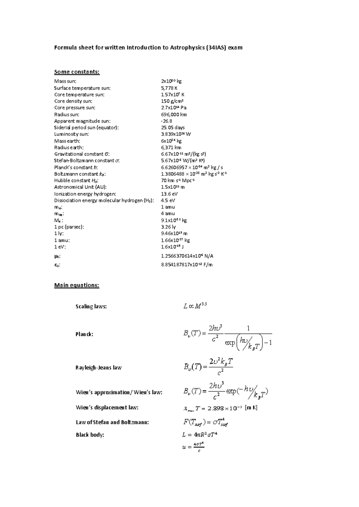 Formula Sheet for Written Exam in Introduction to Astrophysics (34IAS ...