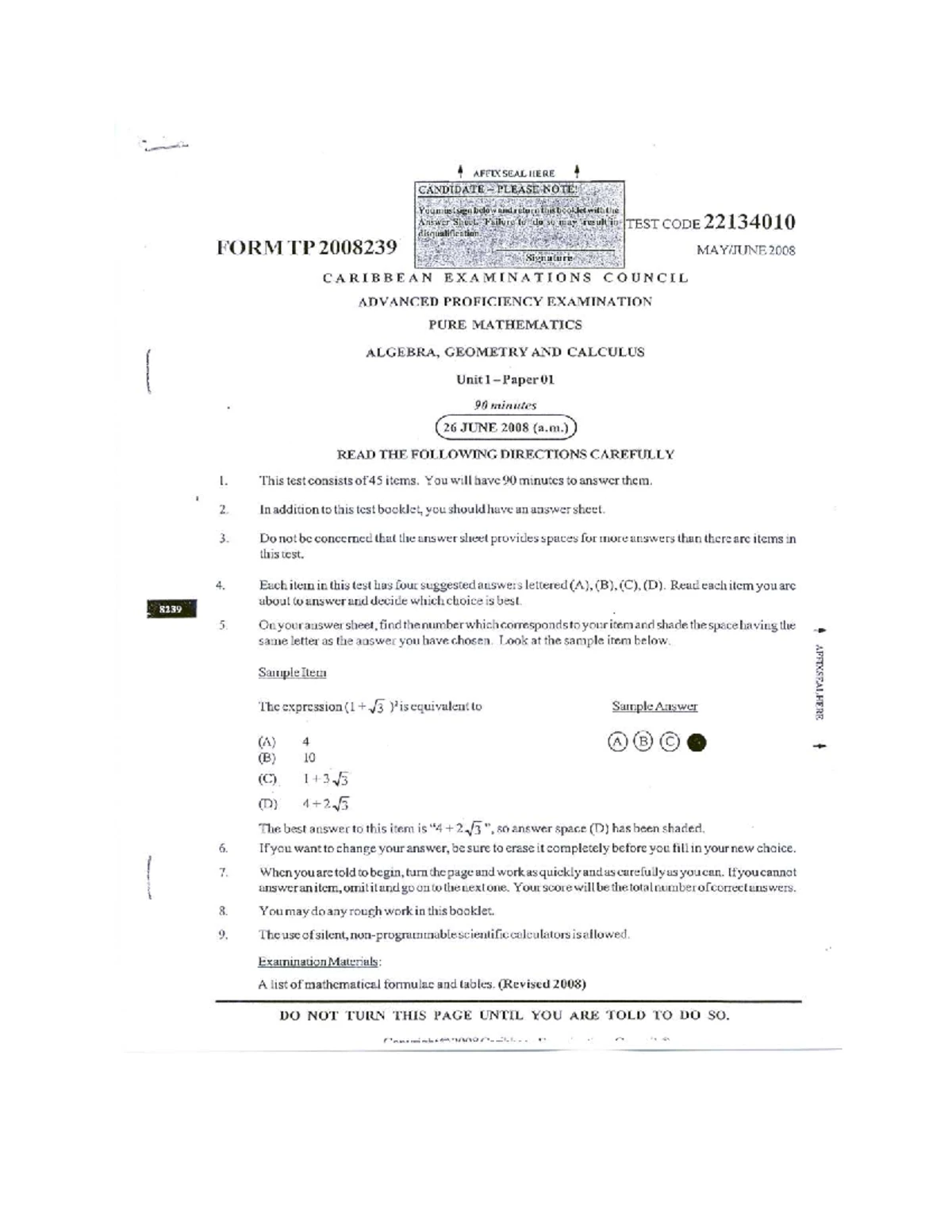 2023 U1 P1 Pure Mathematics Exam Paper 01 - Algebra, Geometry, Calculus ...