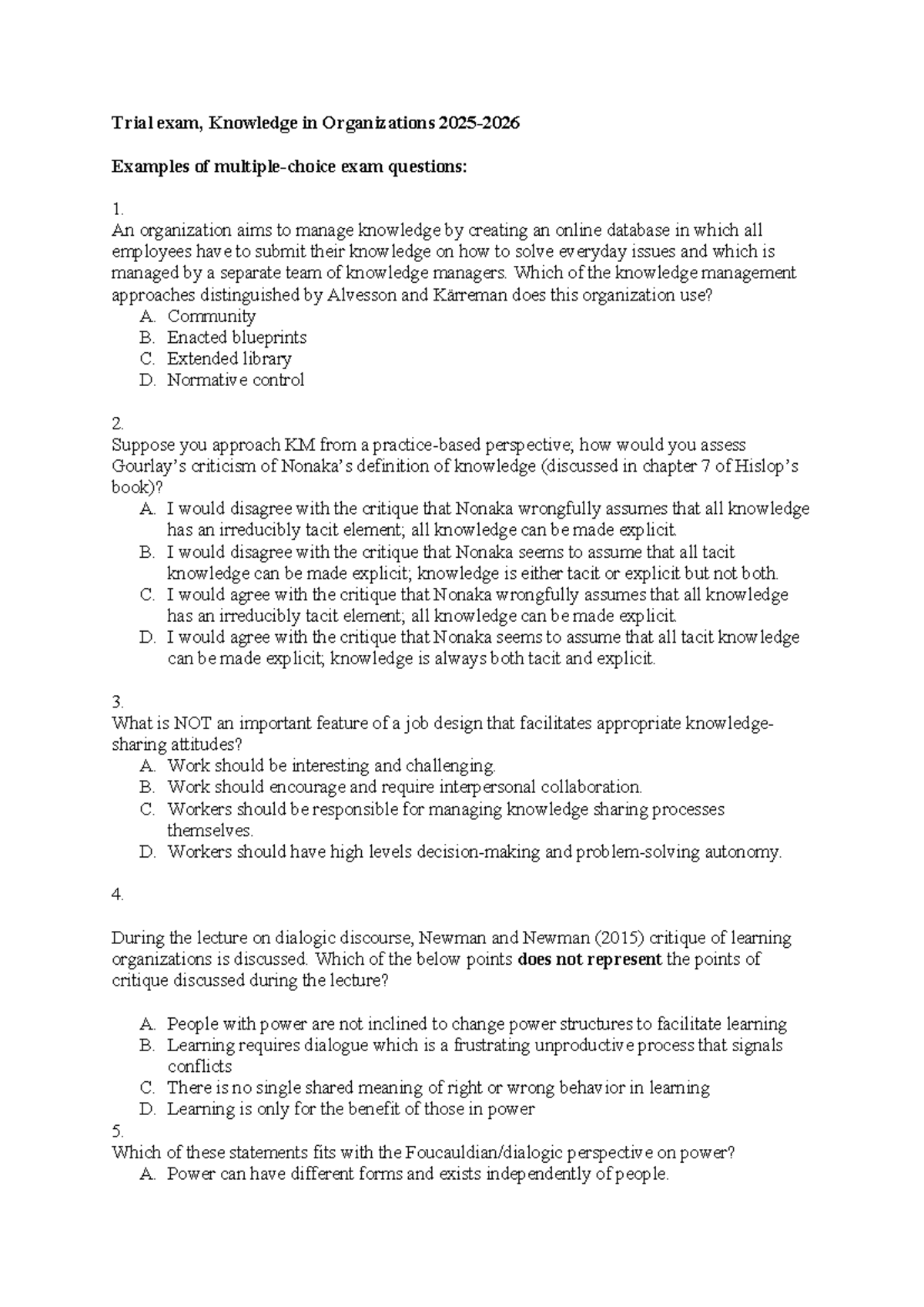Trial Exam 2526 - Knowledge Management Questions and Answers - Studeersnel
