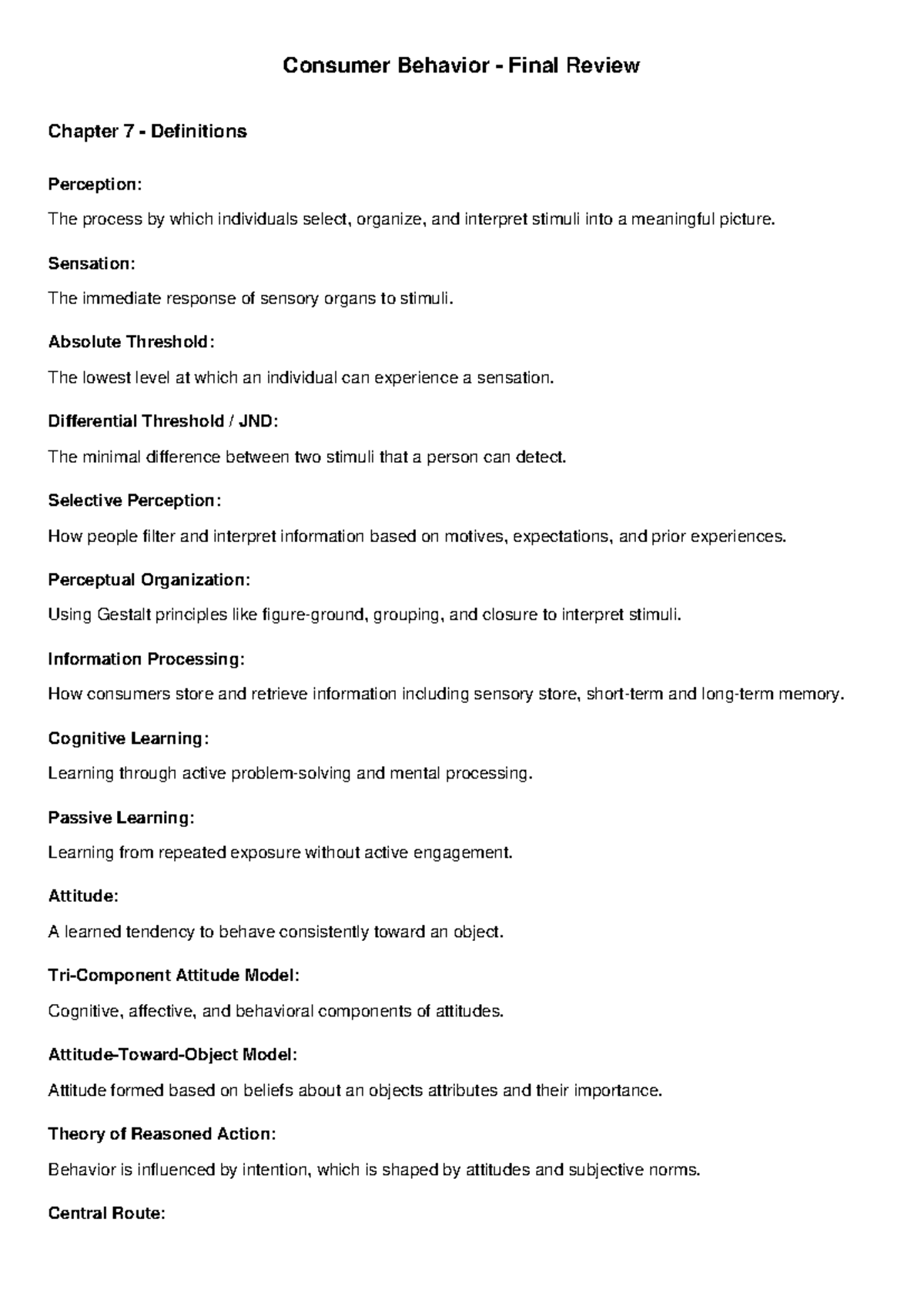Consumer Behavior (CB 101) Final Review: Key Concepts & Definitions ...