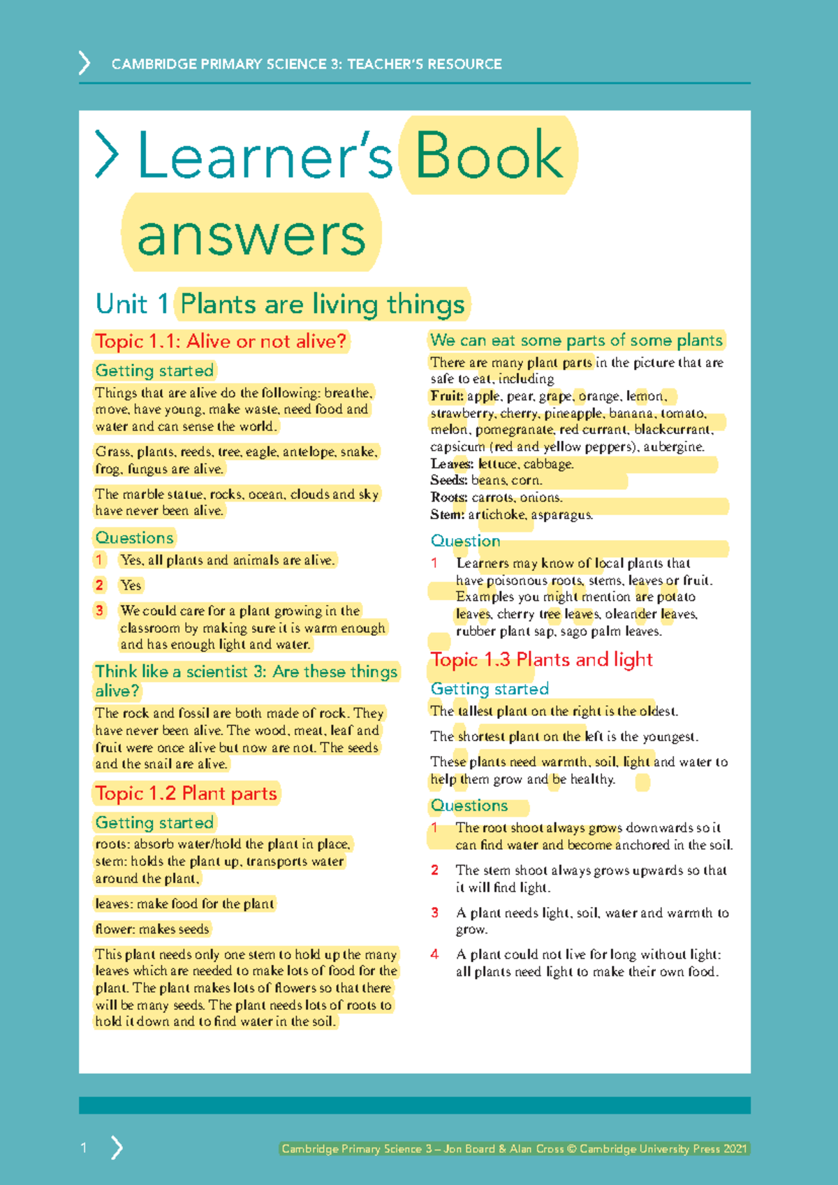 Y3 Science - Learner's Book Answers for Unit 1 and 3 - Studocu