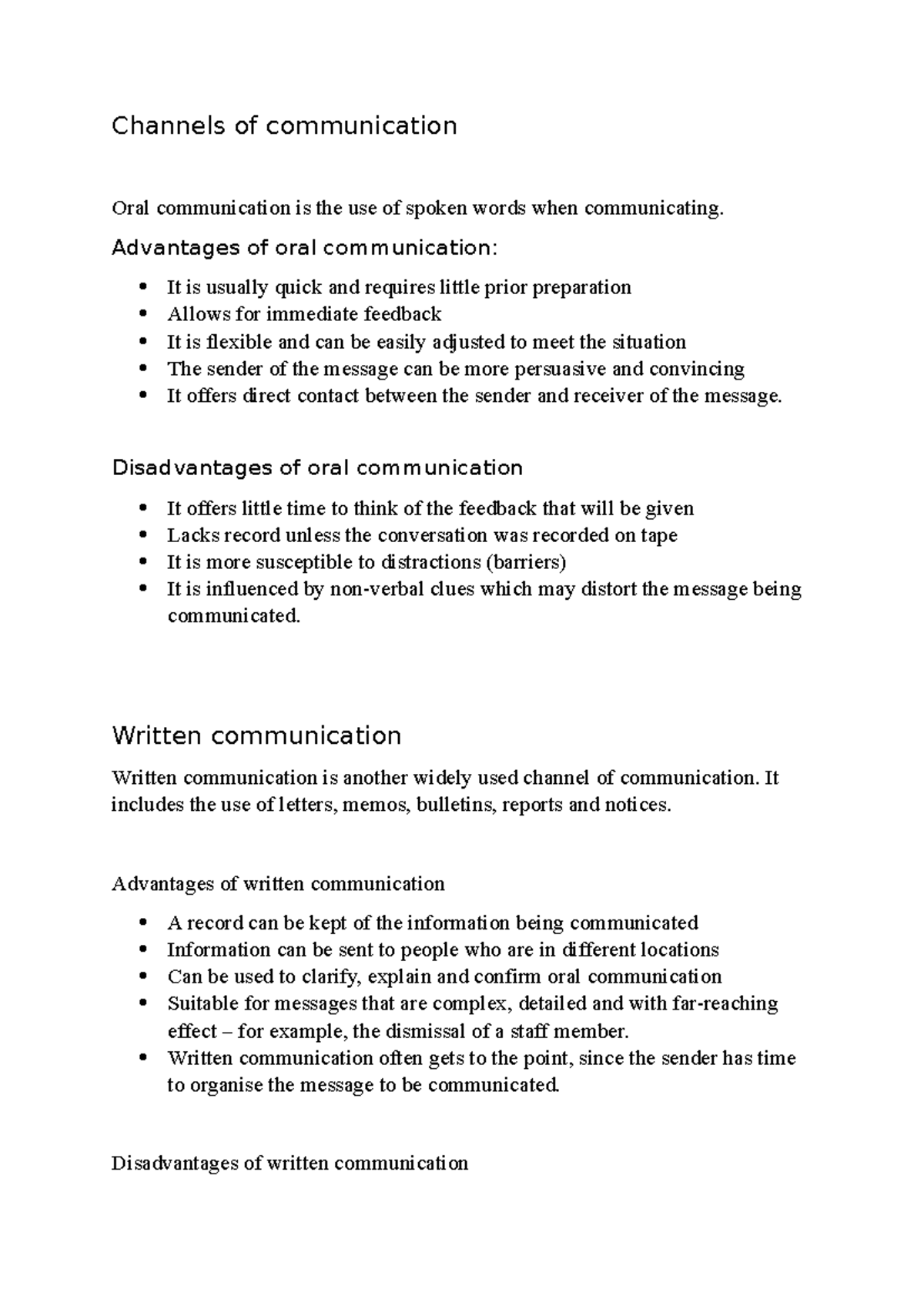 Channels of Communication: Oral, Written, Visual, and Electronic - Studocu