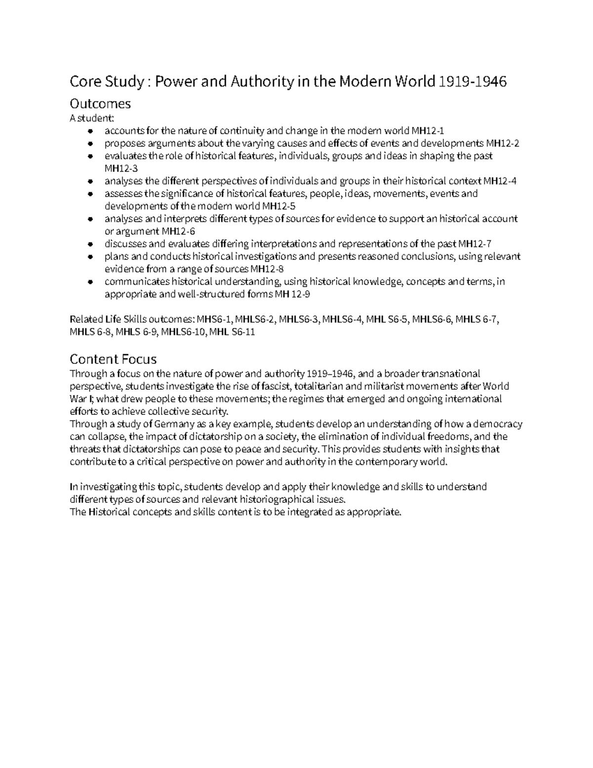 Core Study: Power and Authority in the Modern World (MHLS) - Studocu