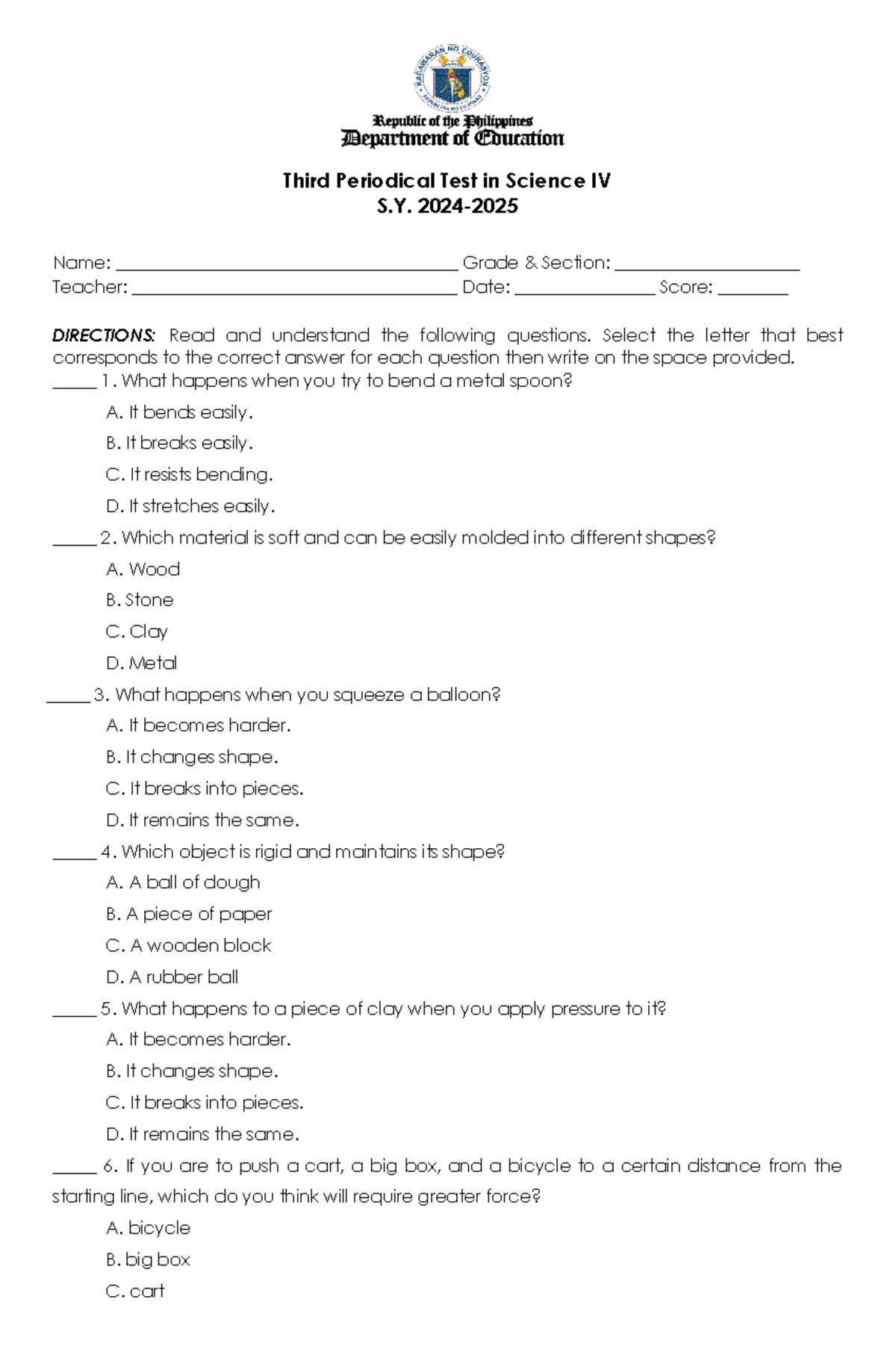 Third Periodical TEST IN Science 4 SY 24 25 1 - Third Periodical Test ...