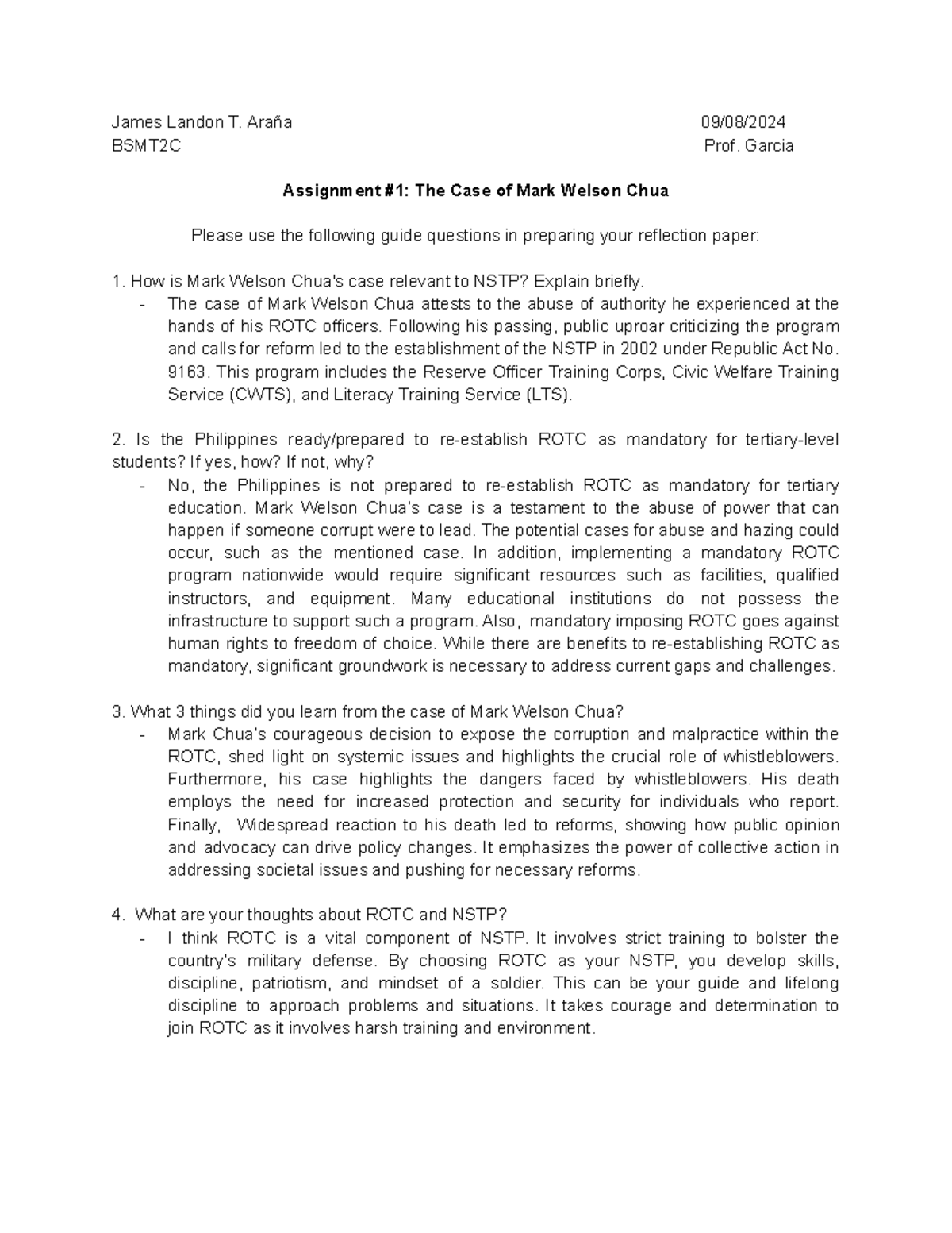 Assignment #1 Reflection on Mark Welson Chua's Case and NSTP - Studocu