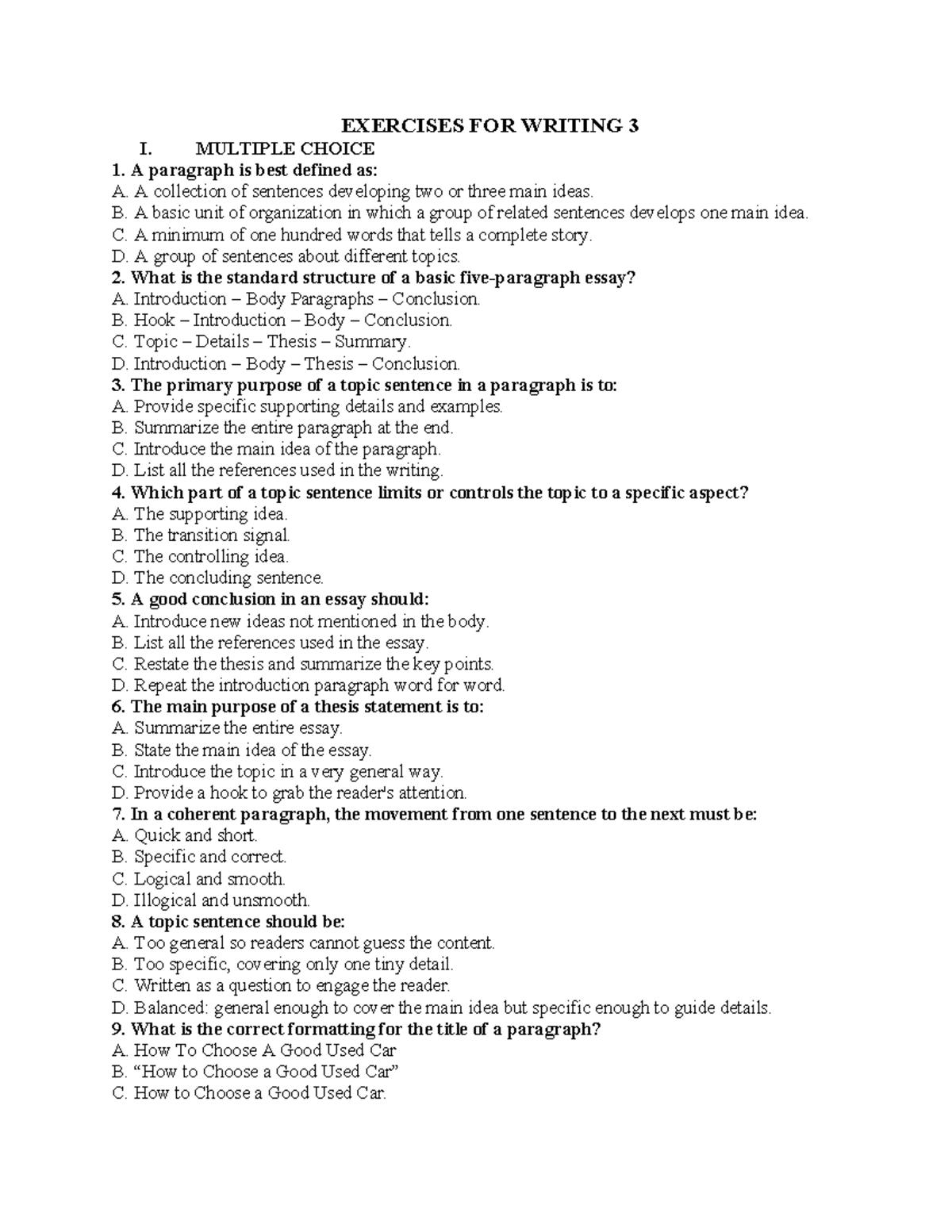 ENG 307 - Writing Exercises: Multiple Choice & Essay Practice - Studocu