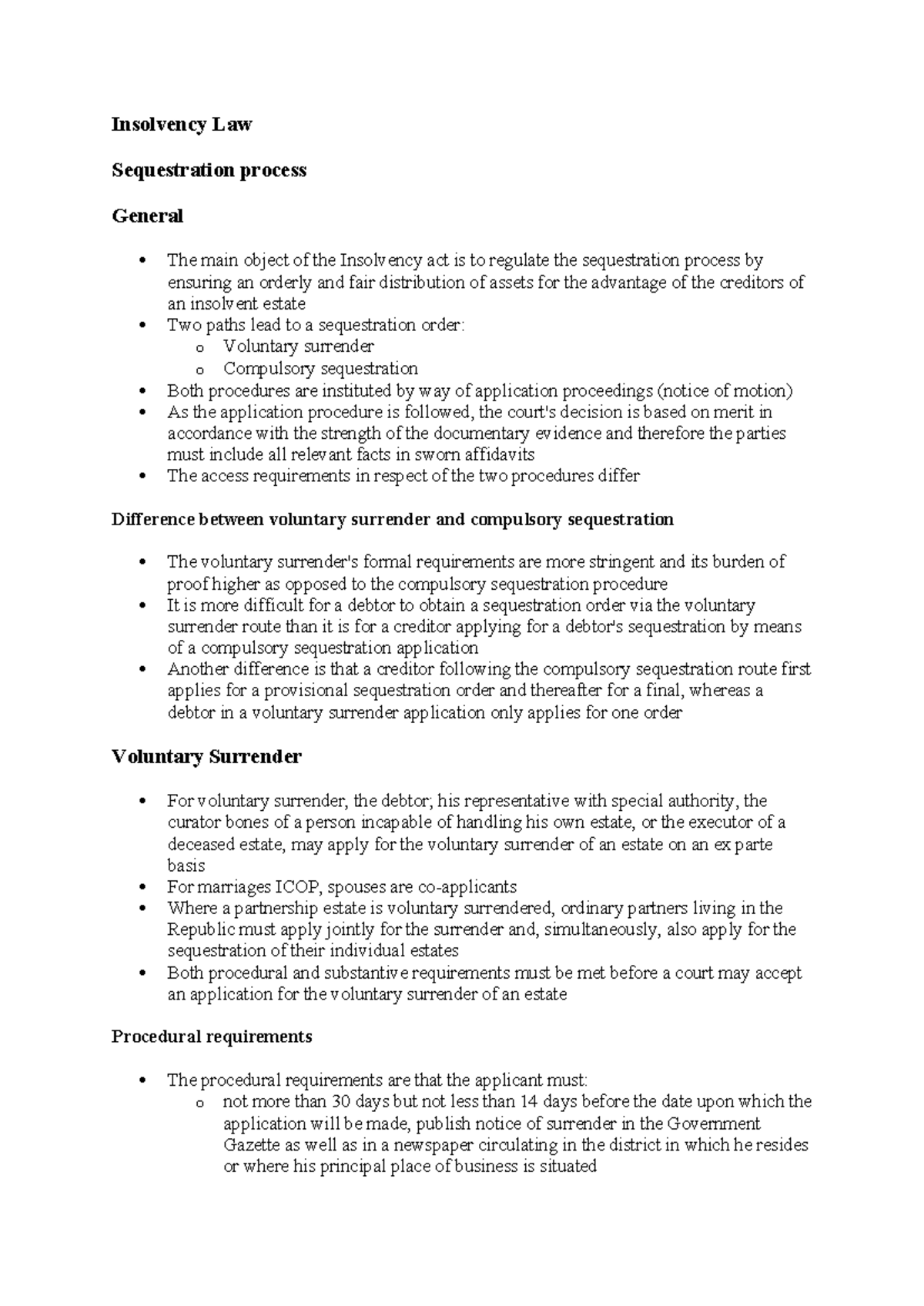 Insolvency Law (IL 101): Sequestration Process Overview - Studocu