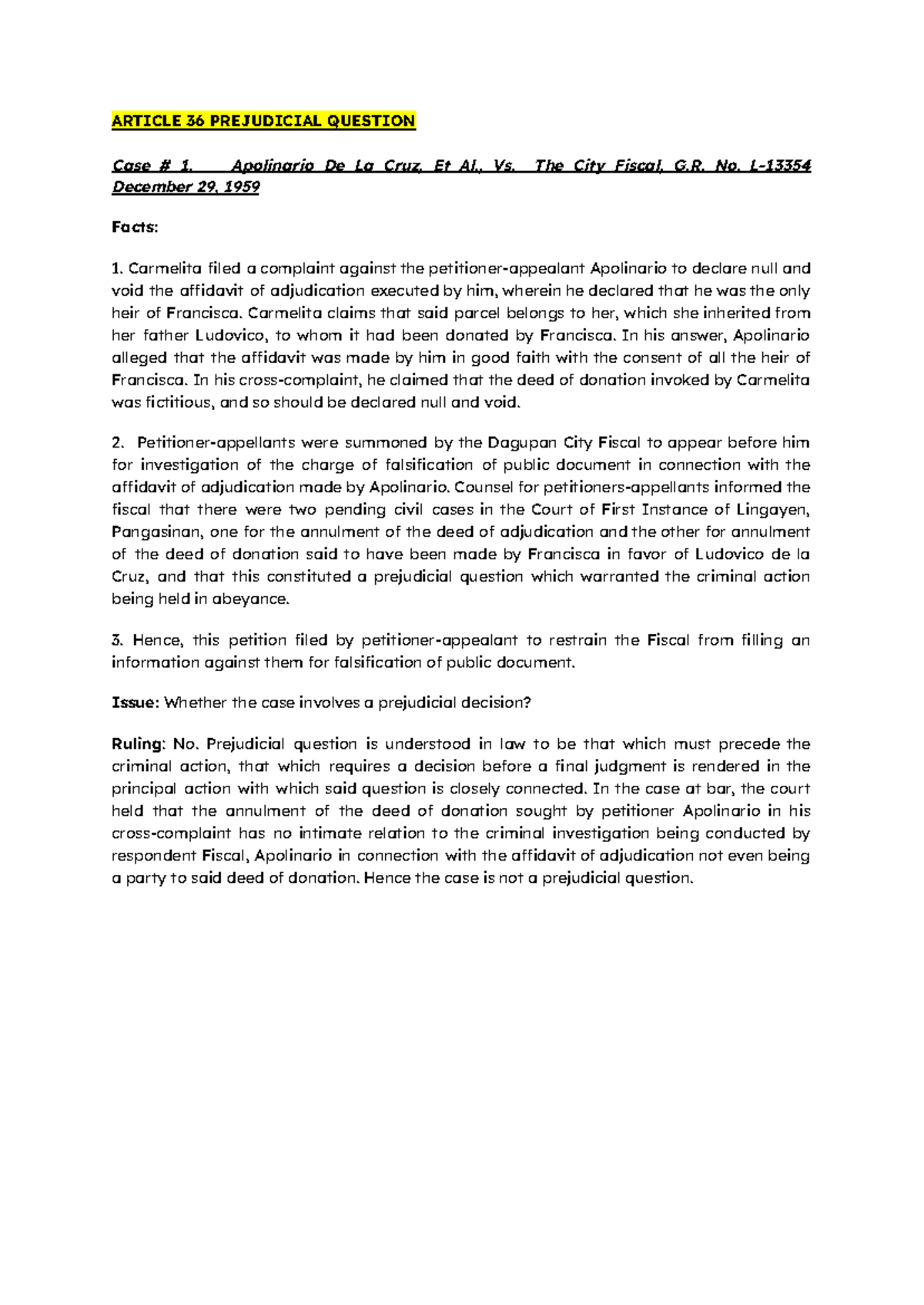 PFR Digest Week 3: Case #1 Analysis on Prejudicial Question - Studocu
