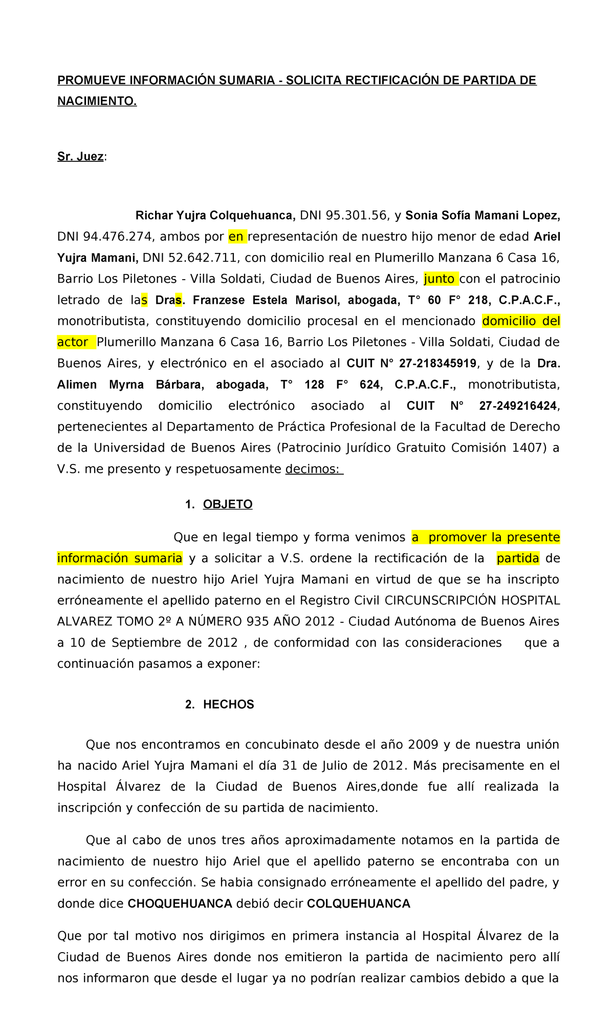Promueve Información Sumaria para Rectificación de Partida de ...
