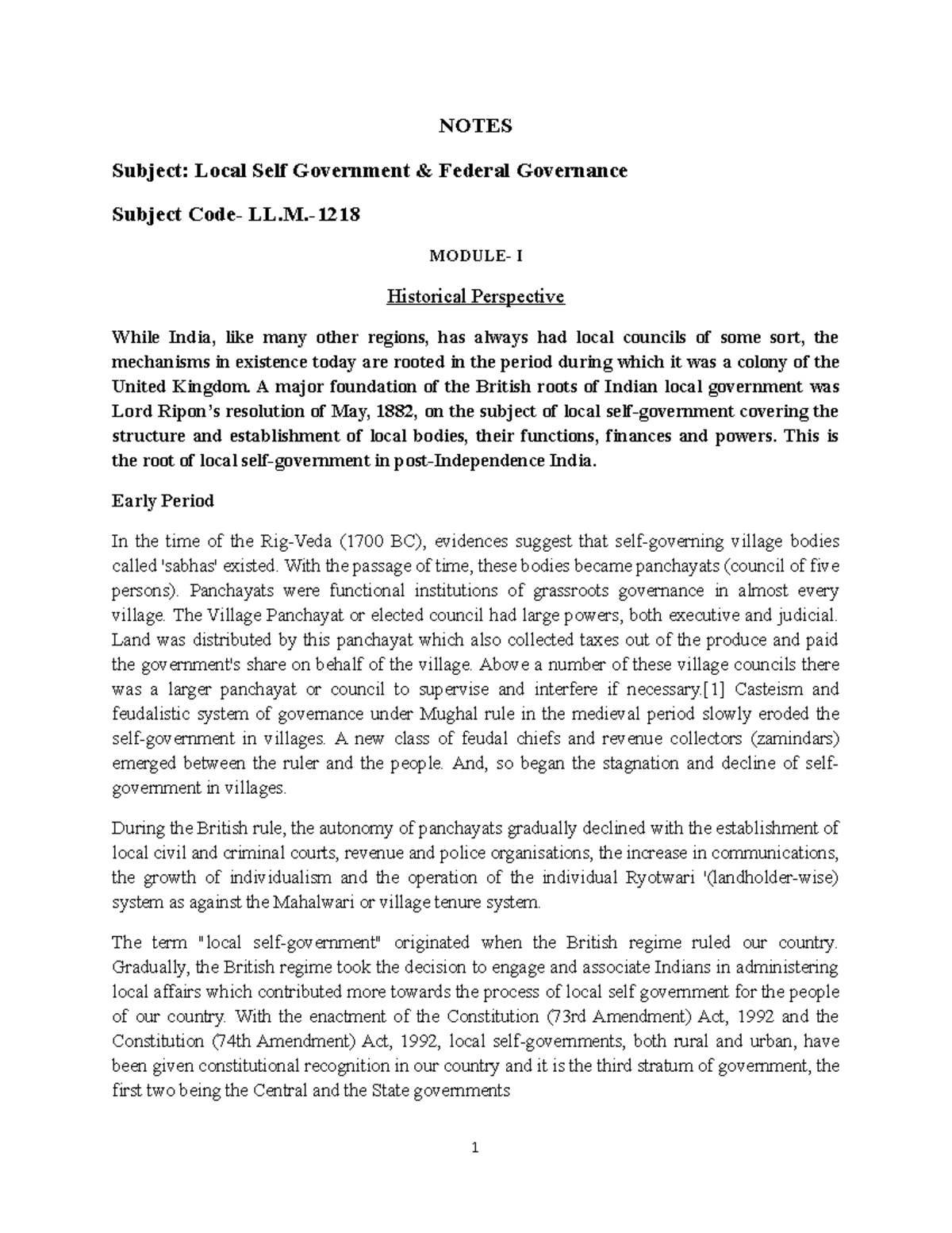 LL.M. Local Self Government: Comprehensive Unit-Wise Notes - Studocu