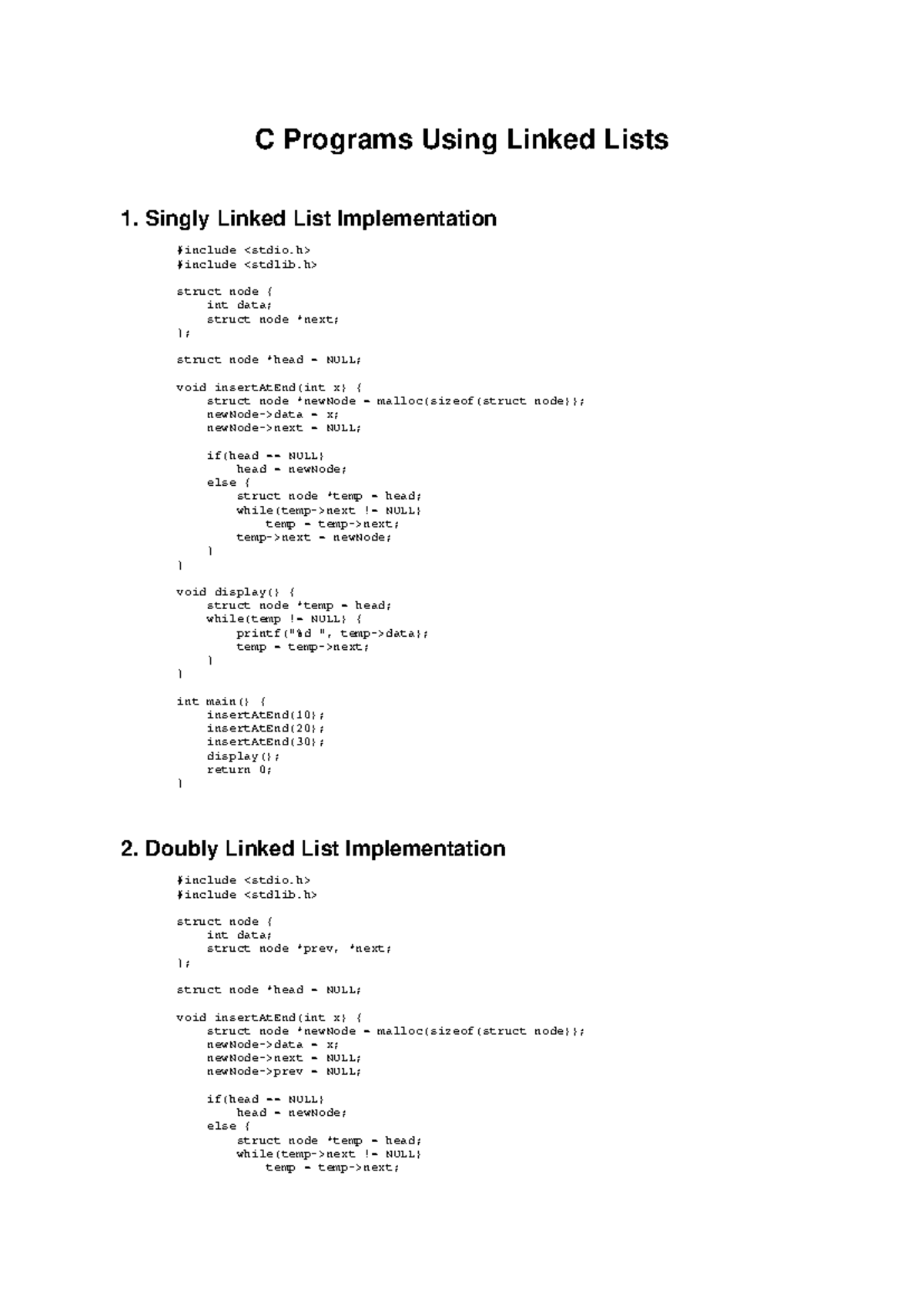 C Programs on Linked Lists: Implementation & Operations - Studocu