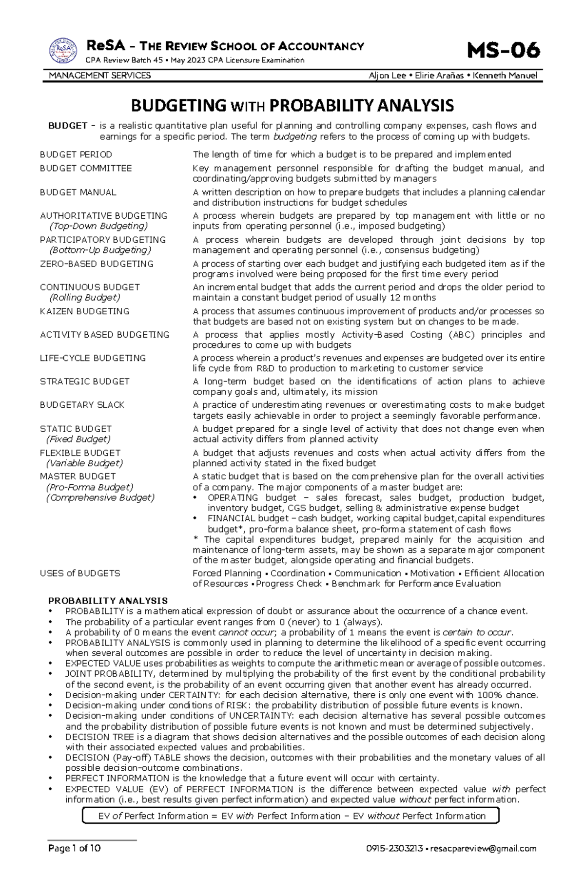 MS-06: Comprehensive Budgeting & Probability Analysis Insights - Studocu