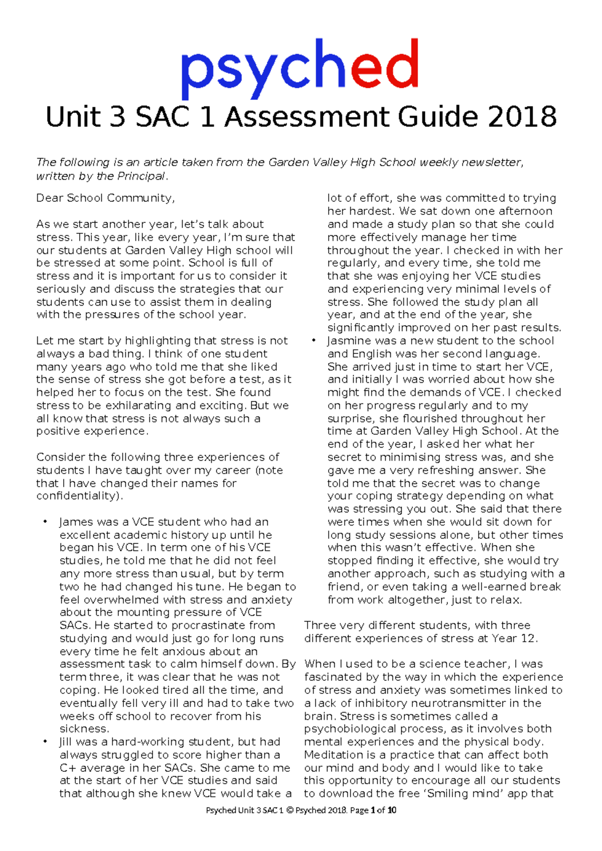 Unit 3 SAC 1 Practice Answers Guide 2018: Stress Management Insights ...