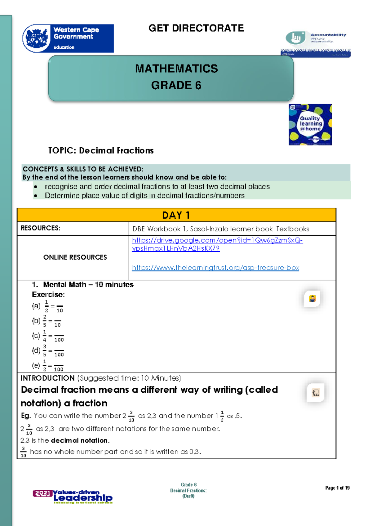 Grade 6 Mathematics Lesson Plan: Decimal Fractions (Term 2, Week 7 ...