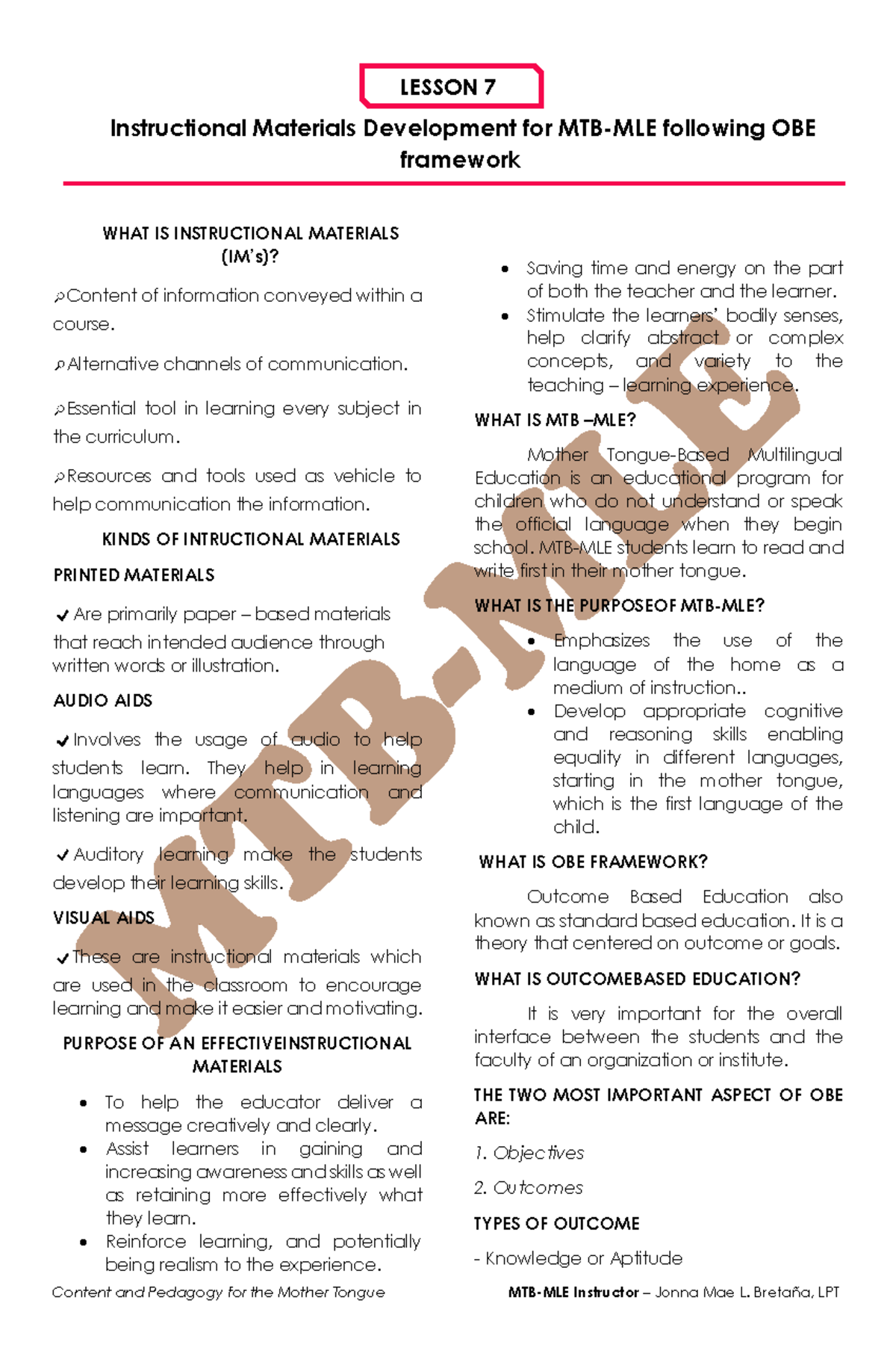 MTB-MLE Midterm Lesson 7: Developing Instructional Materials for OBE ...