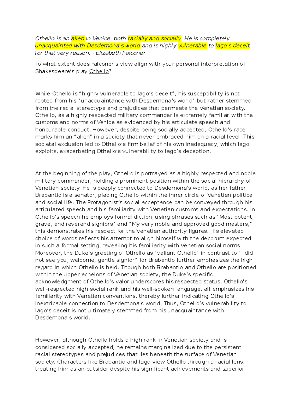 Othello (ENG 201) Final Practice Essay: Racial Prejudice and ...