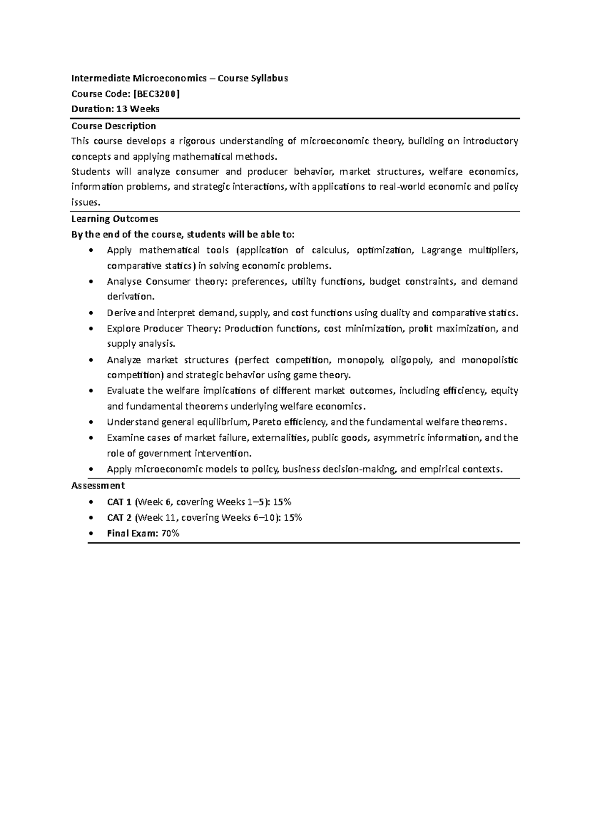 Intermediate Microeconomics Course Syllabus (13 Weeks) - Studocu