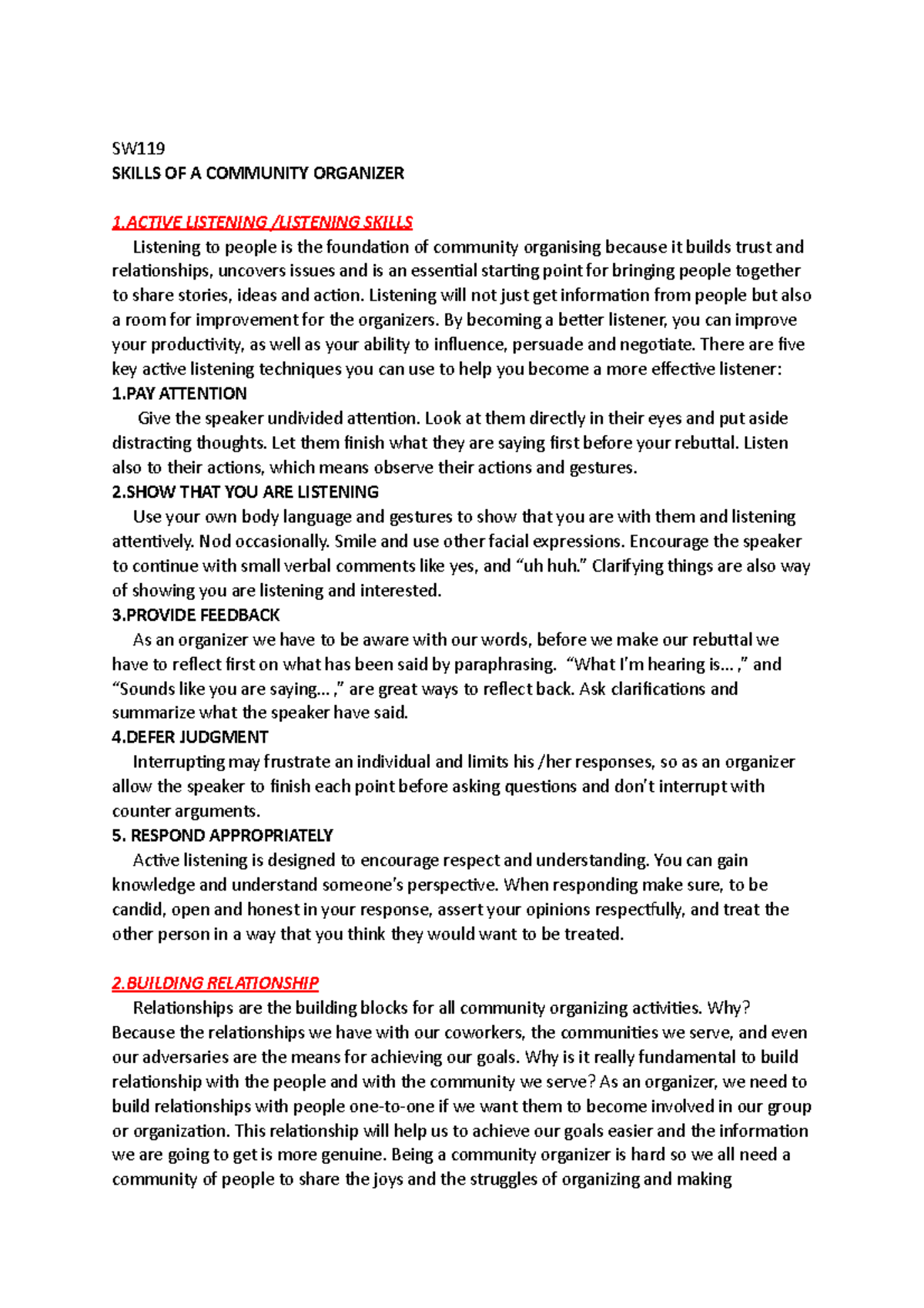 Social Work - Skills on A Community Organizer - PangSU - Studocu