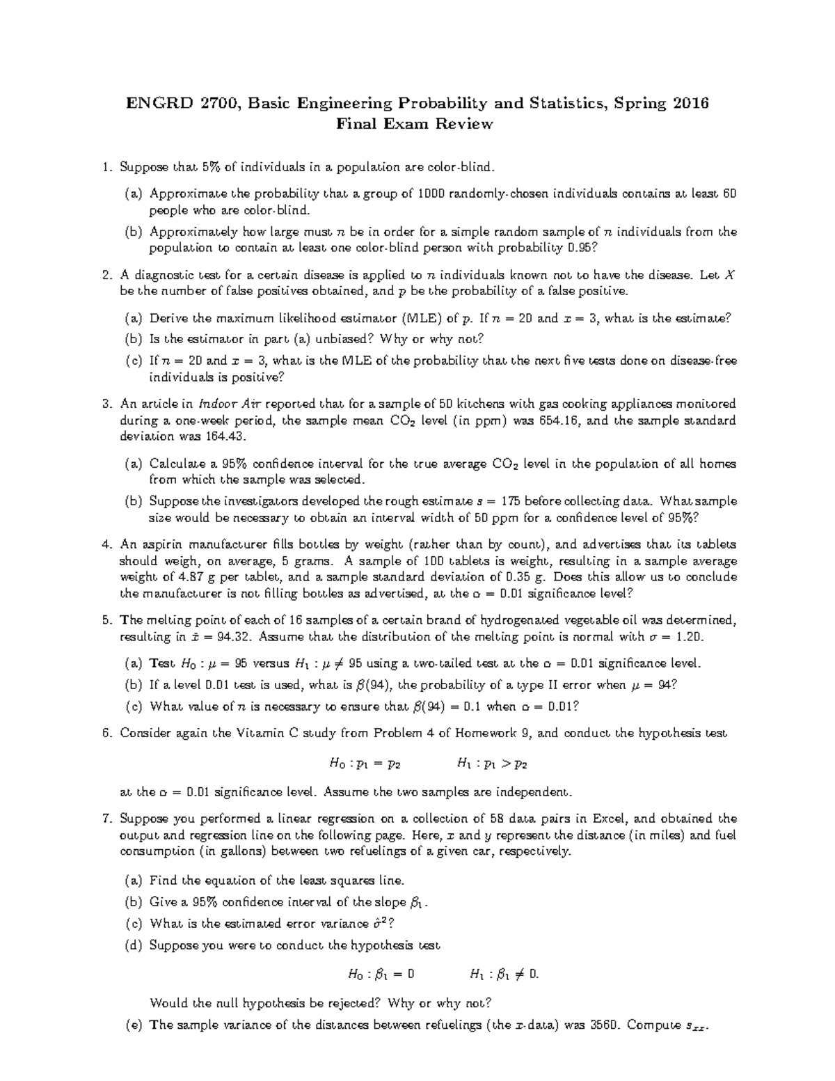 ENGRD 2700: Spring 2016 Final Exam Review on Probability & Statistics ...