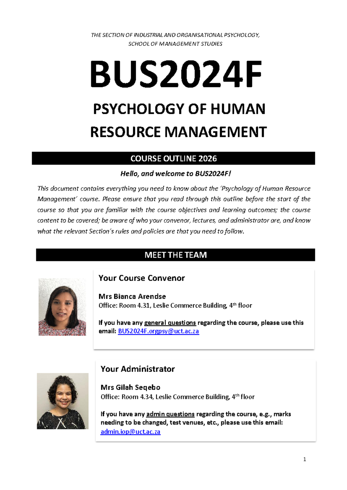 BUS2024F 2026 Course Outline: HR Management & Psychology Overview - Studocu