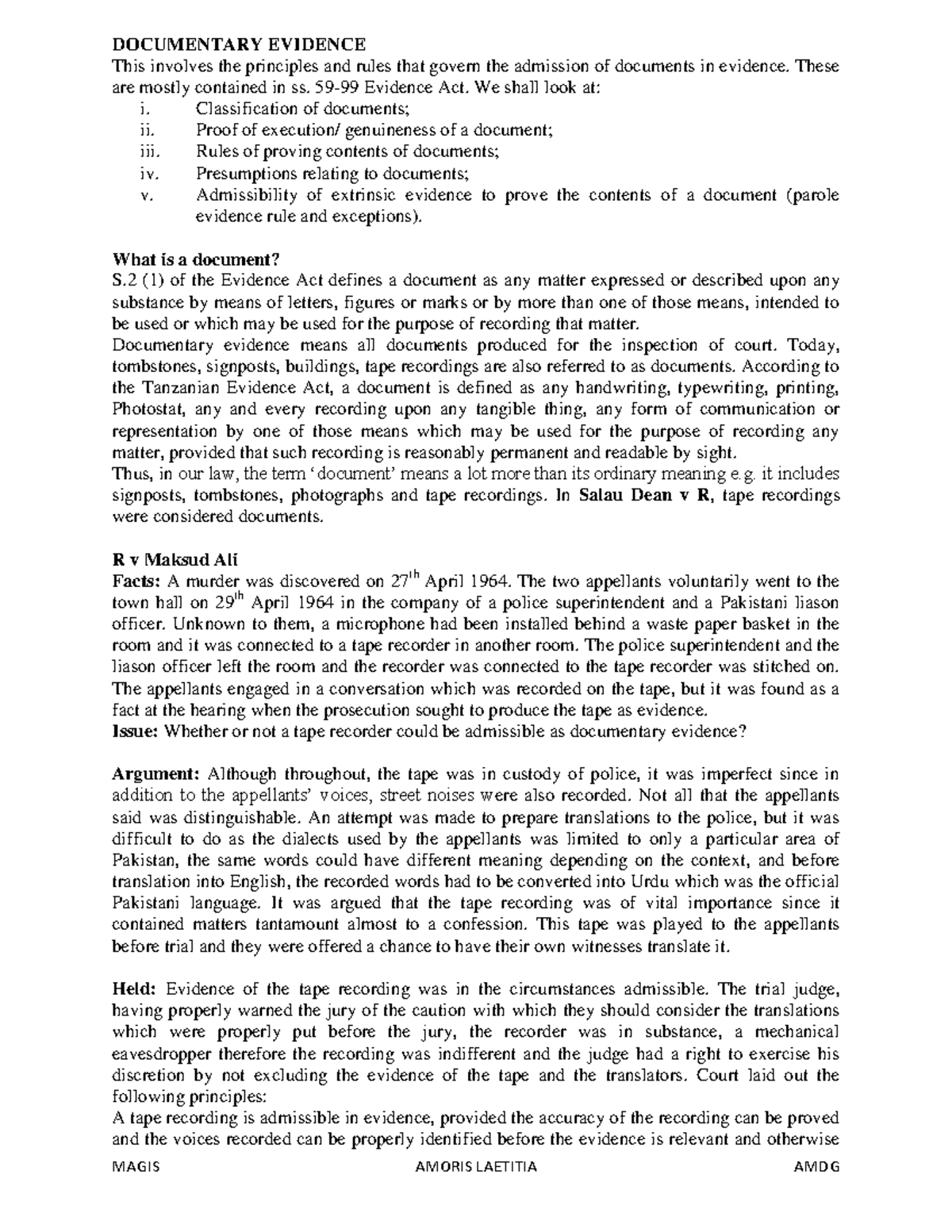 Evidence 2 Lecture Notes: Understanding Documentary Evidence Principles ...