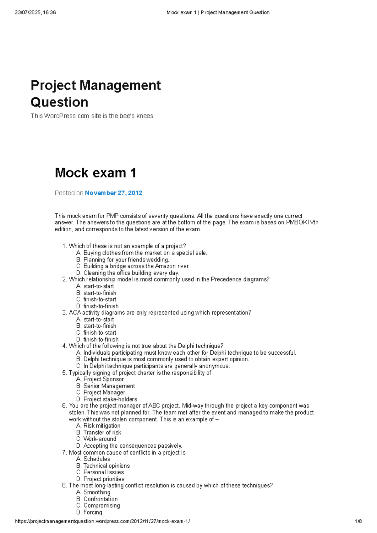 PMP 16:36 Mock Exam 1 - Project Management Questions and Answers - Studocu