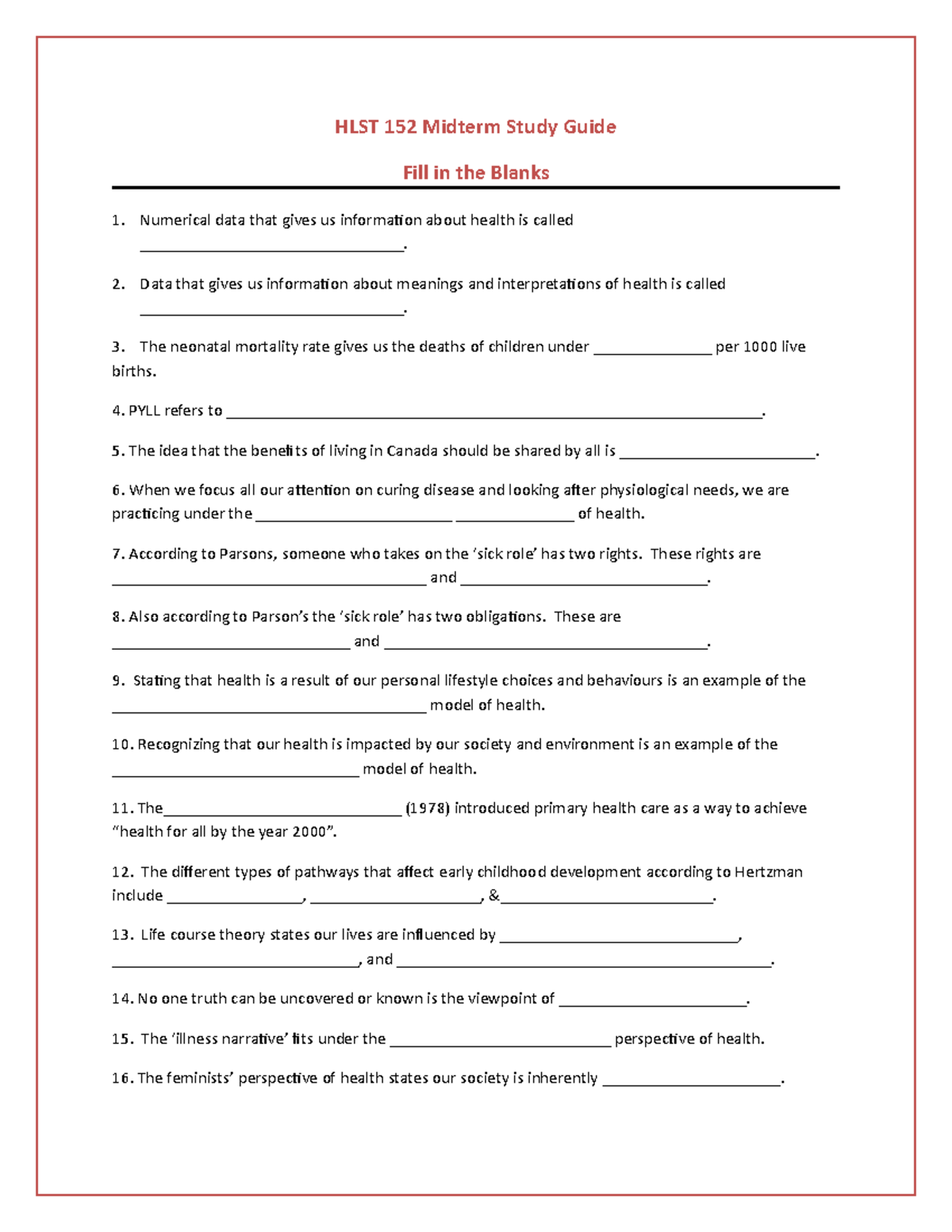 Midterm Study Guide fill in the blanks and additional exercise - HLST ...