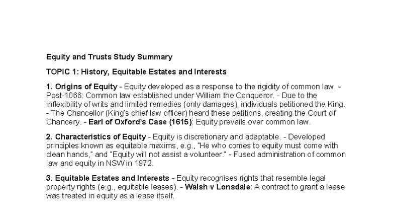 Equity and Trusts Summary: Key Concepts and Distinctions - Studocu