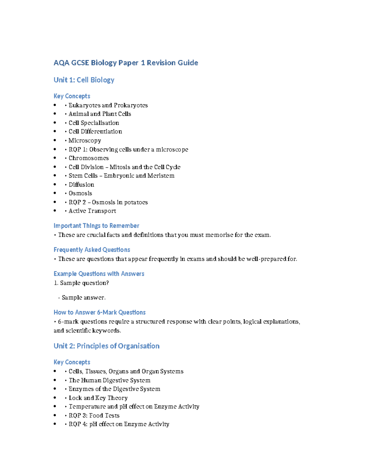 AQA GCSE Biology Paper 1 Comprehensive Revision Notes - Studocu