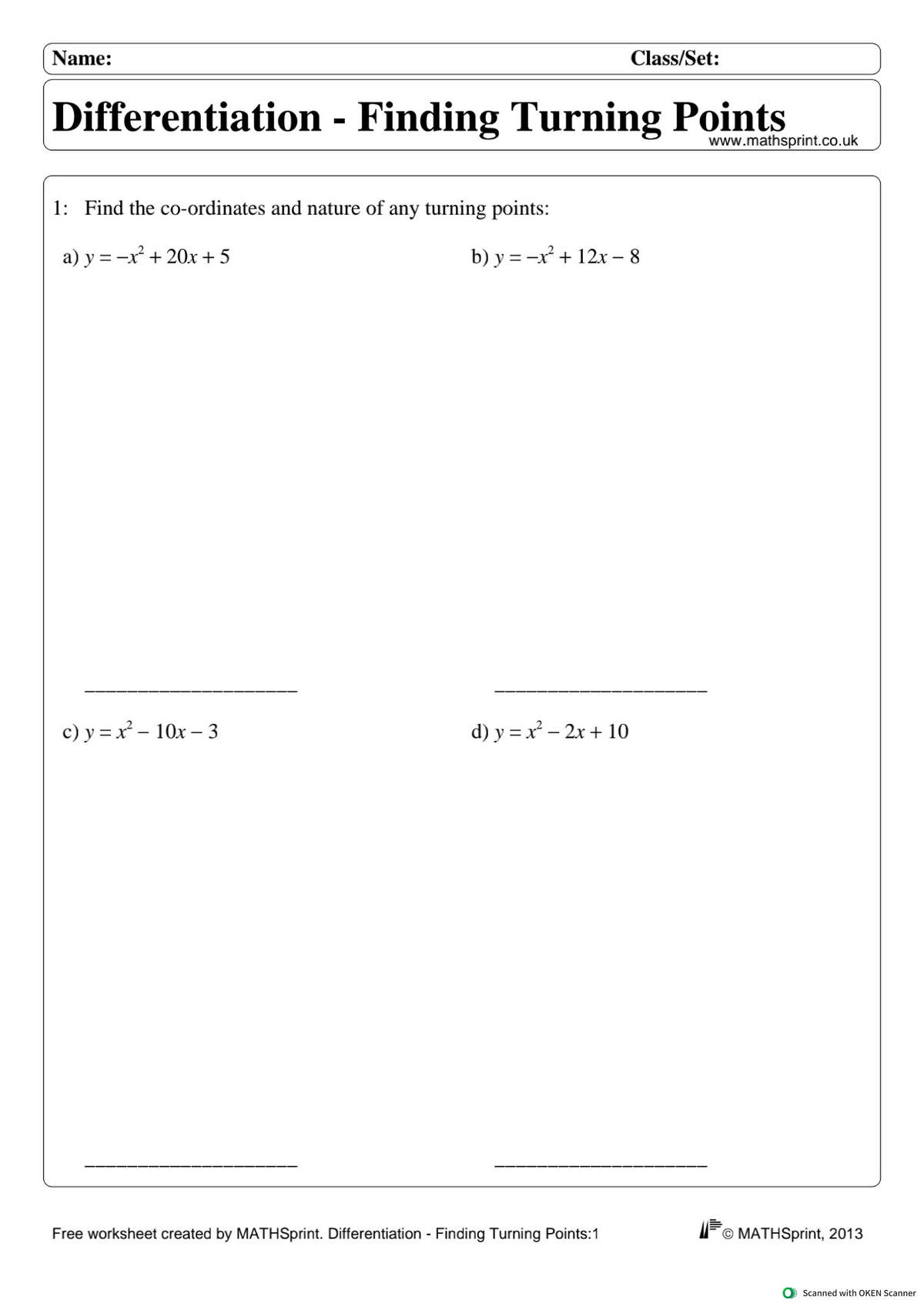 C differentiation finding turning points - Name: Differentiation ...