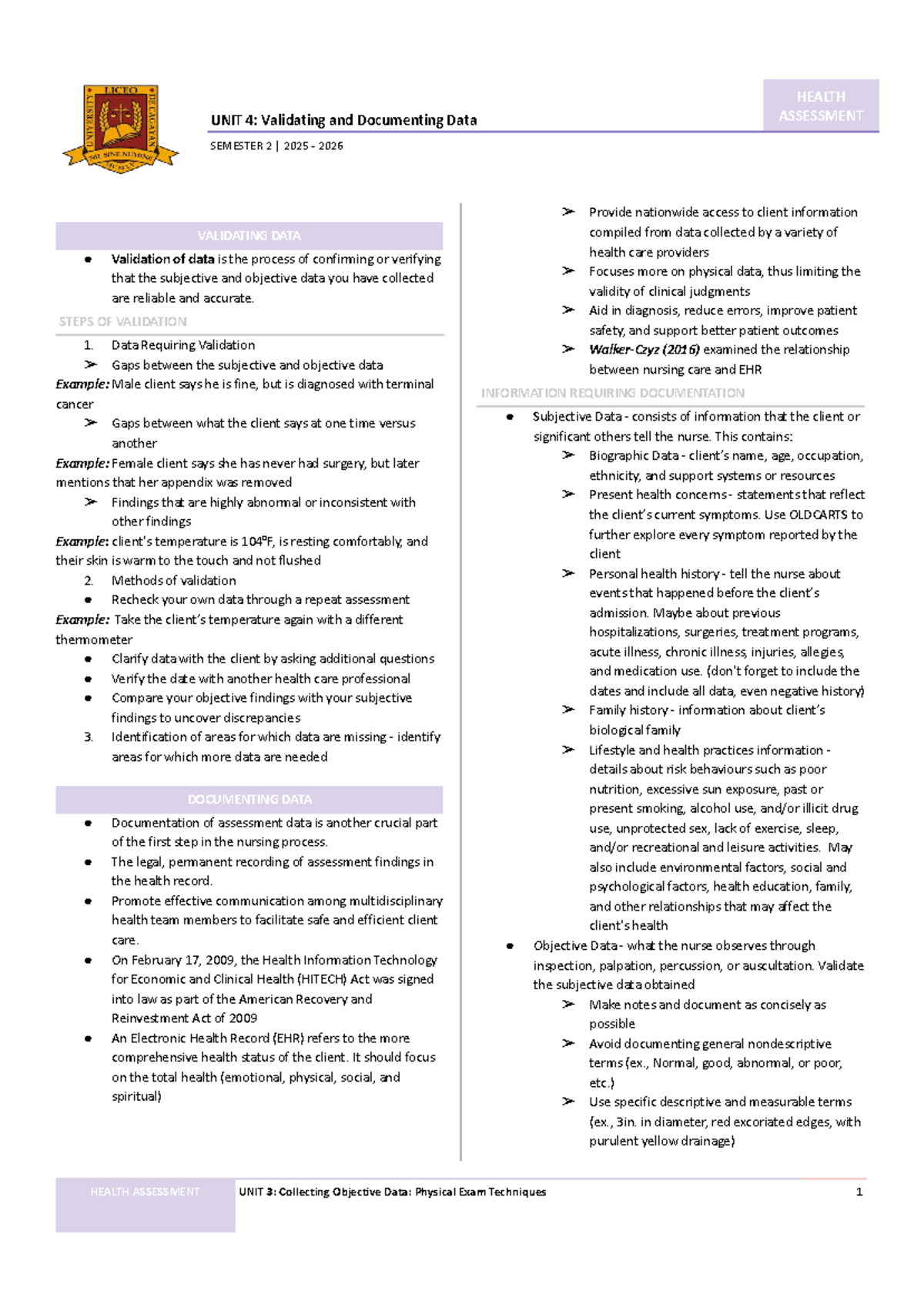 HEALTH ASSESSMENT UNIT 4: Validating & Documenting Data Notes - Studocu