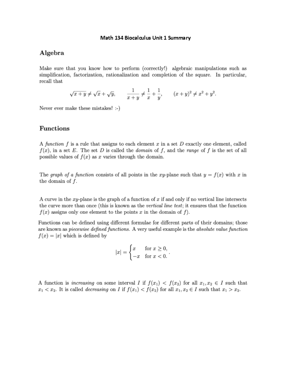 Math 134 Biocalculus Unit 1 Algebra Summary and Key Concepts - Studocu