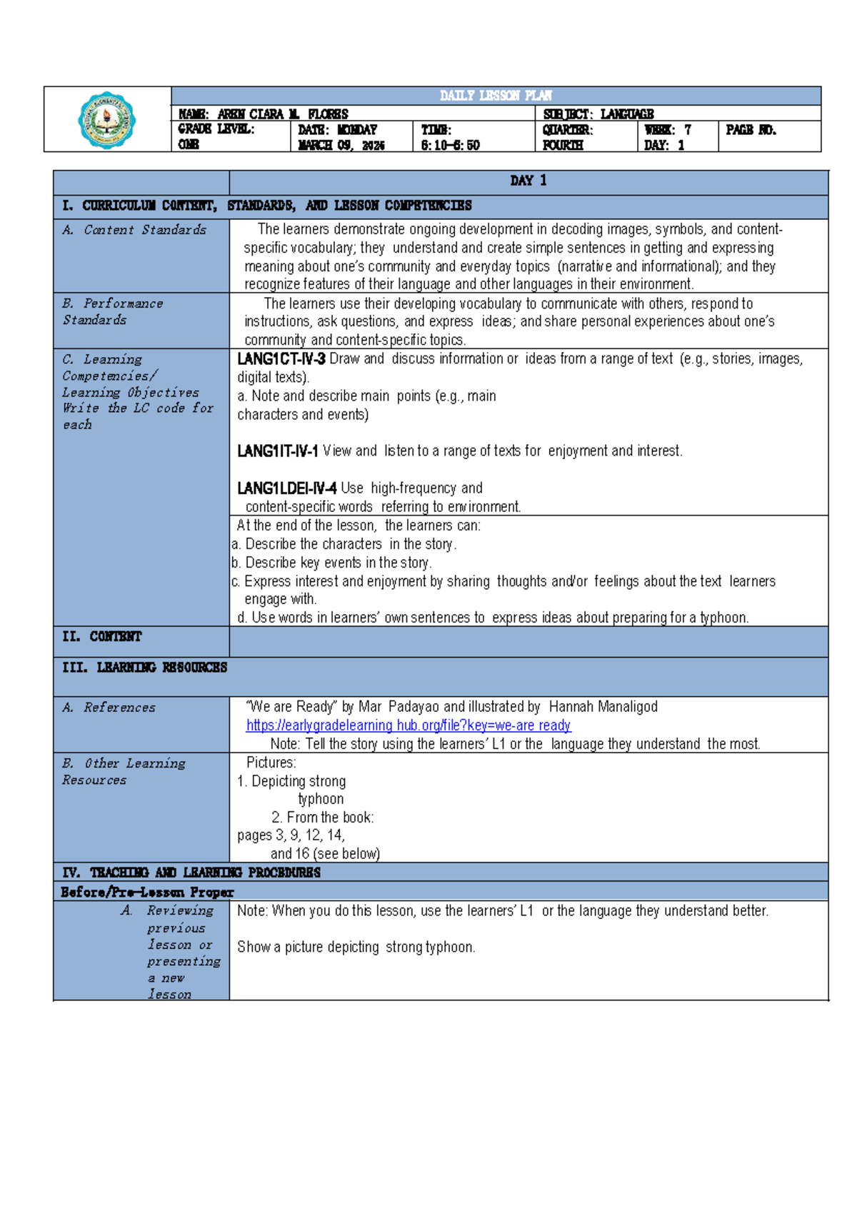 Grade 1 Q4 Language Week 7 Daily Lesson Plans - Studocu