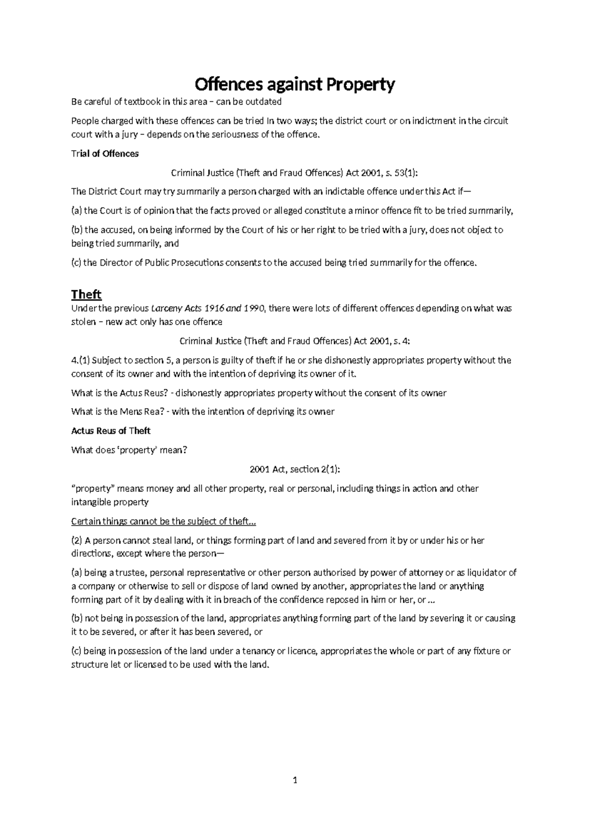 Property Offences Overview: Key Legal Concepts & Legislation - Studocu