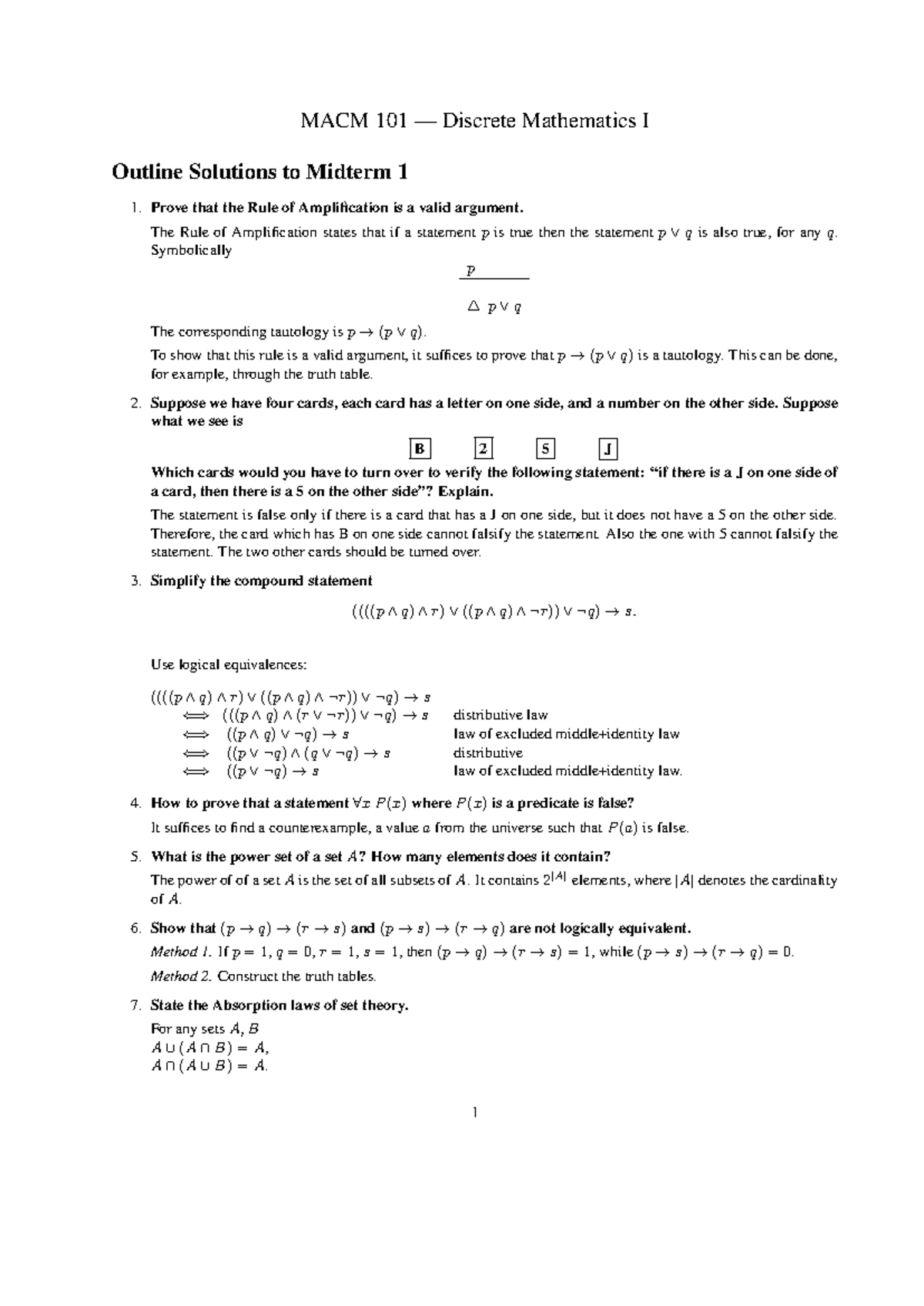 Midterm 2018, questions and answers - MACM 101 — Discrete Mathematics I ...