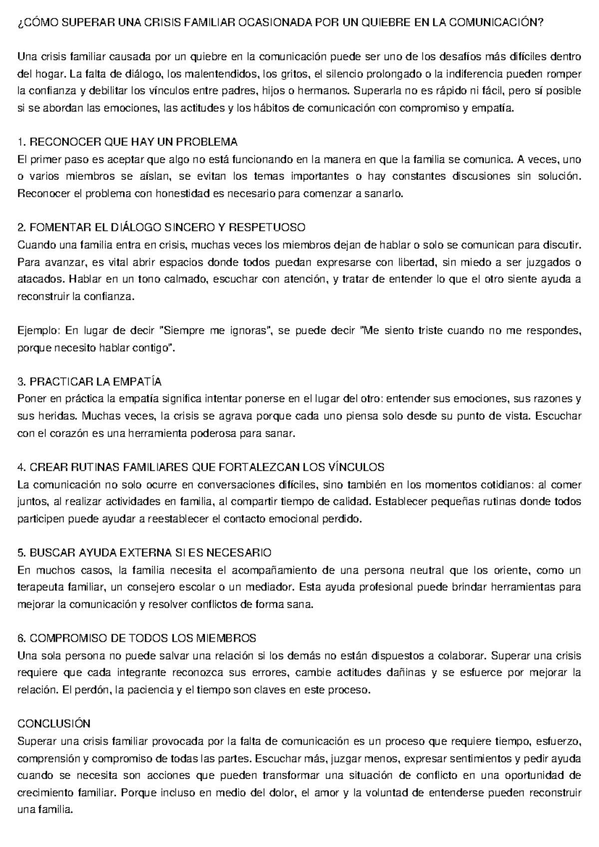 Crisis Familiar: Superando la Comunicación Rota en el Hogar - Studocu