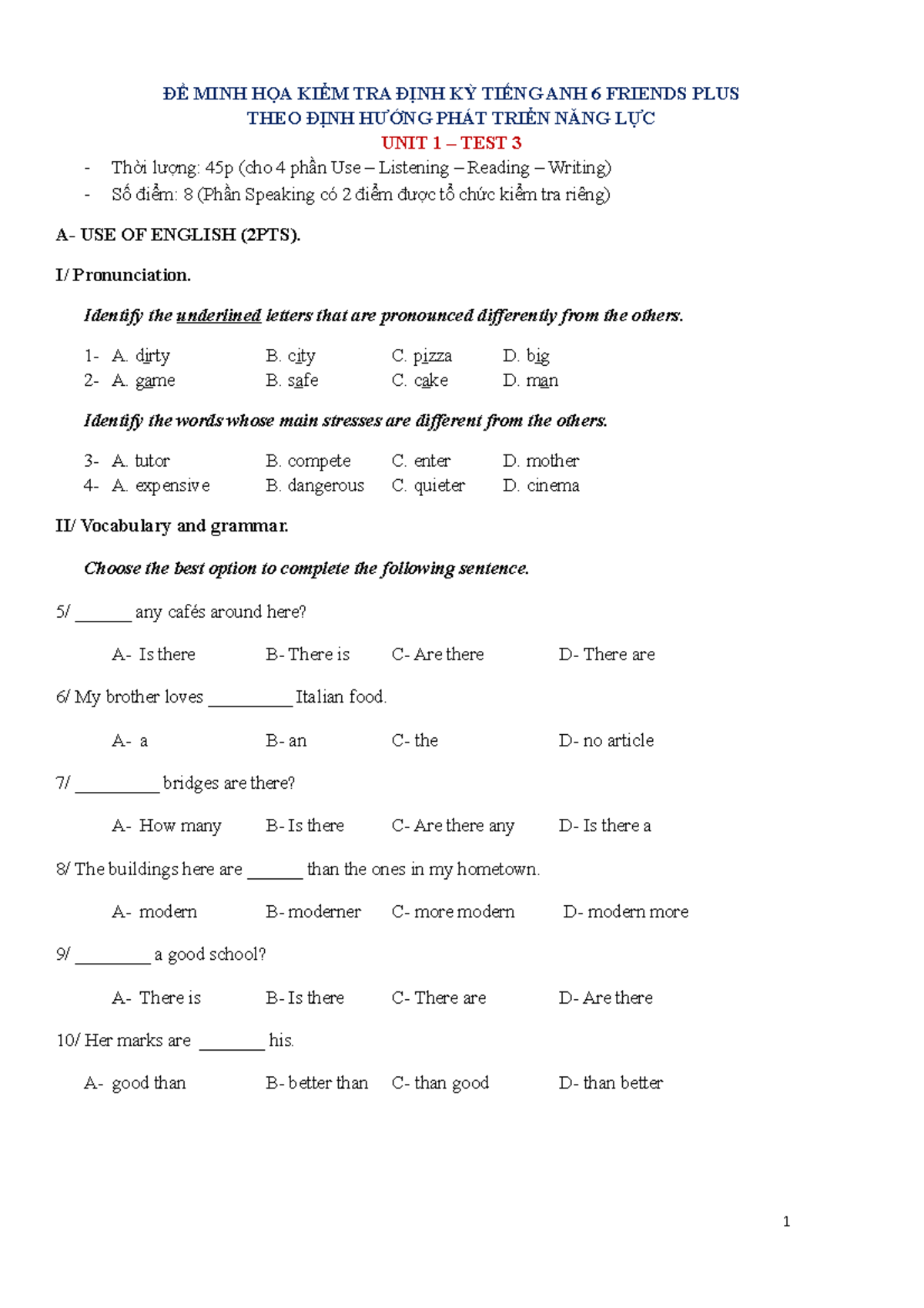 Tiếng Anh 6 Friends Plus – Unit 1 Test 3 Kiểm Tra Định Kỳ - Studocu