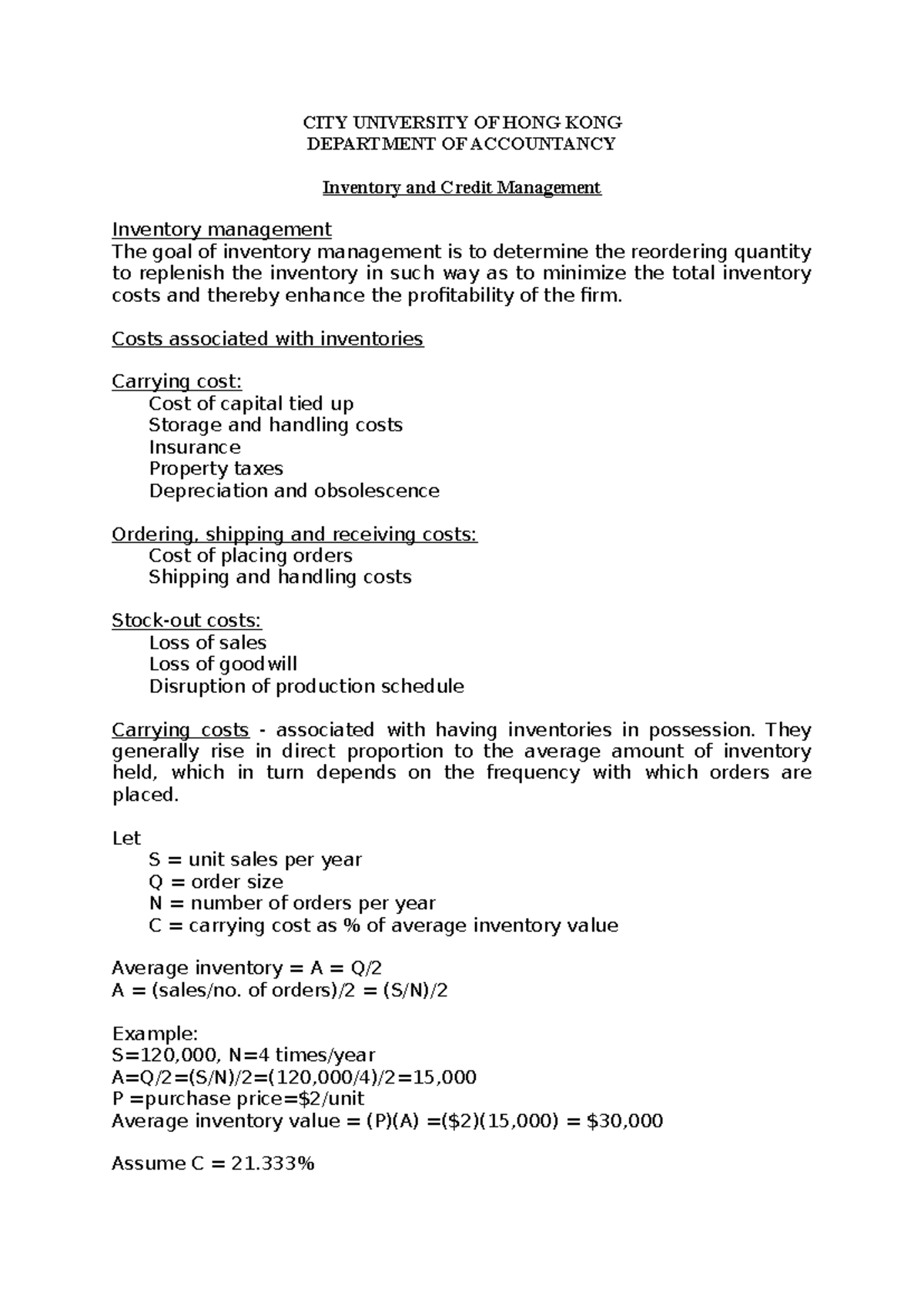 Topic 9 Week 8 Inventory and Credit Management (notes) - CITY ...