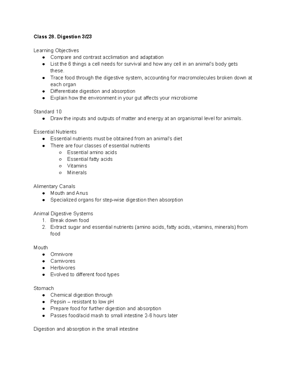 Week 11 Notes: Digestion & Circulation Learning Objectives - Studocu